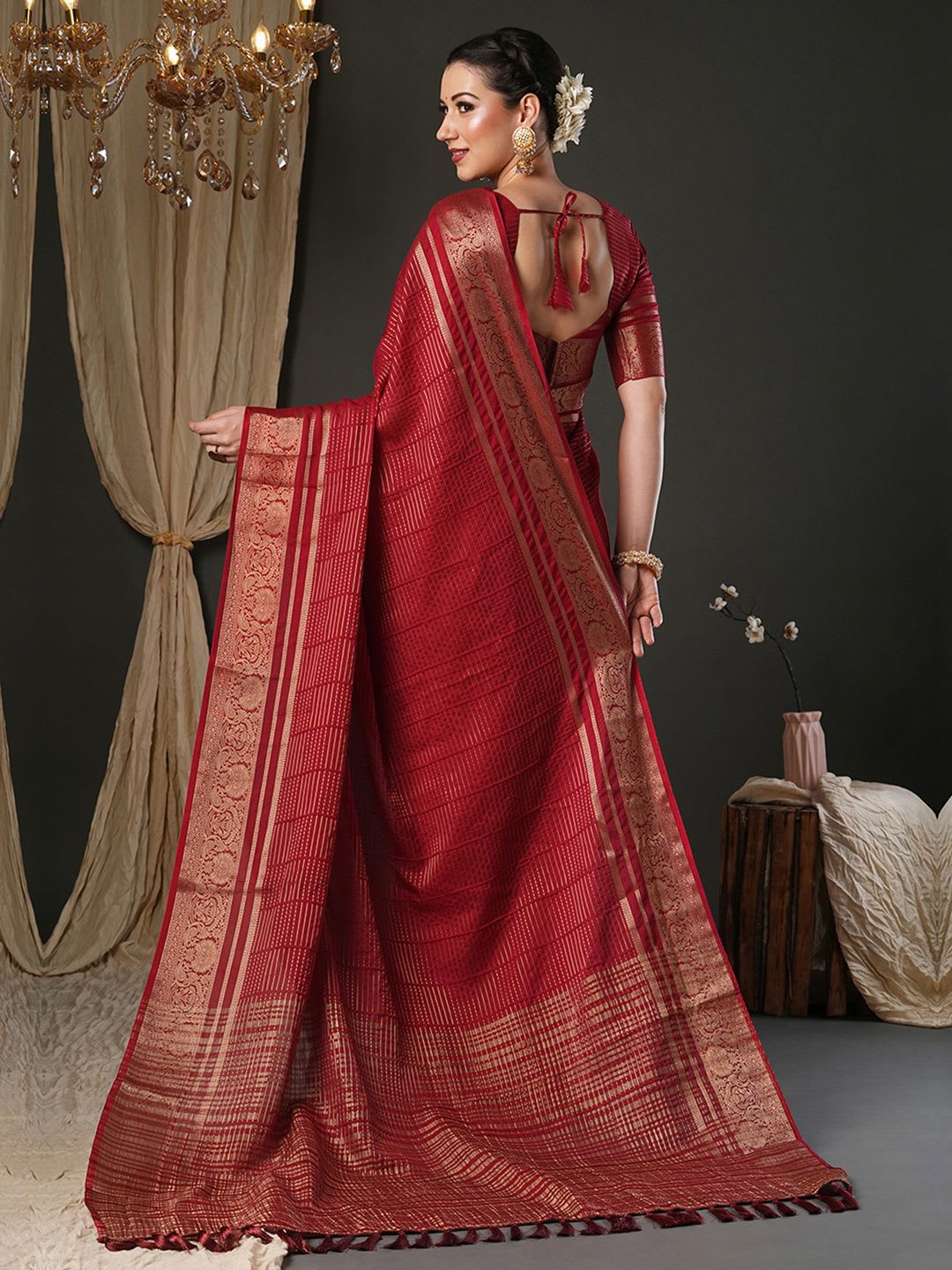 Anouk Leheriya Printed Woven Design Zari Banarasi Saree - back view