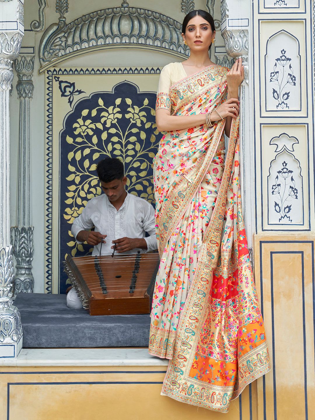 Mitera Cream-Coloured & Red Floral Silk Blend Saree - default view