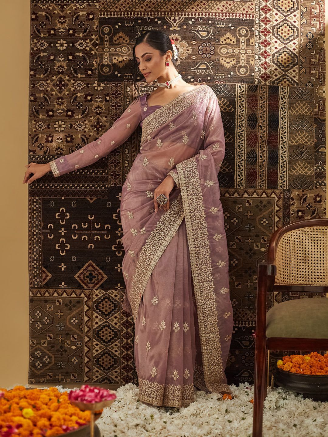 kasee Floral Zardozi Supernet Saree - left view