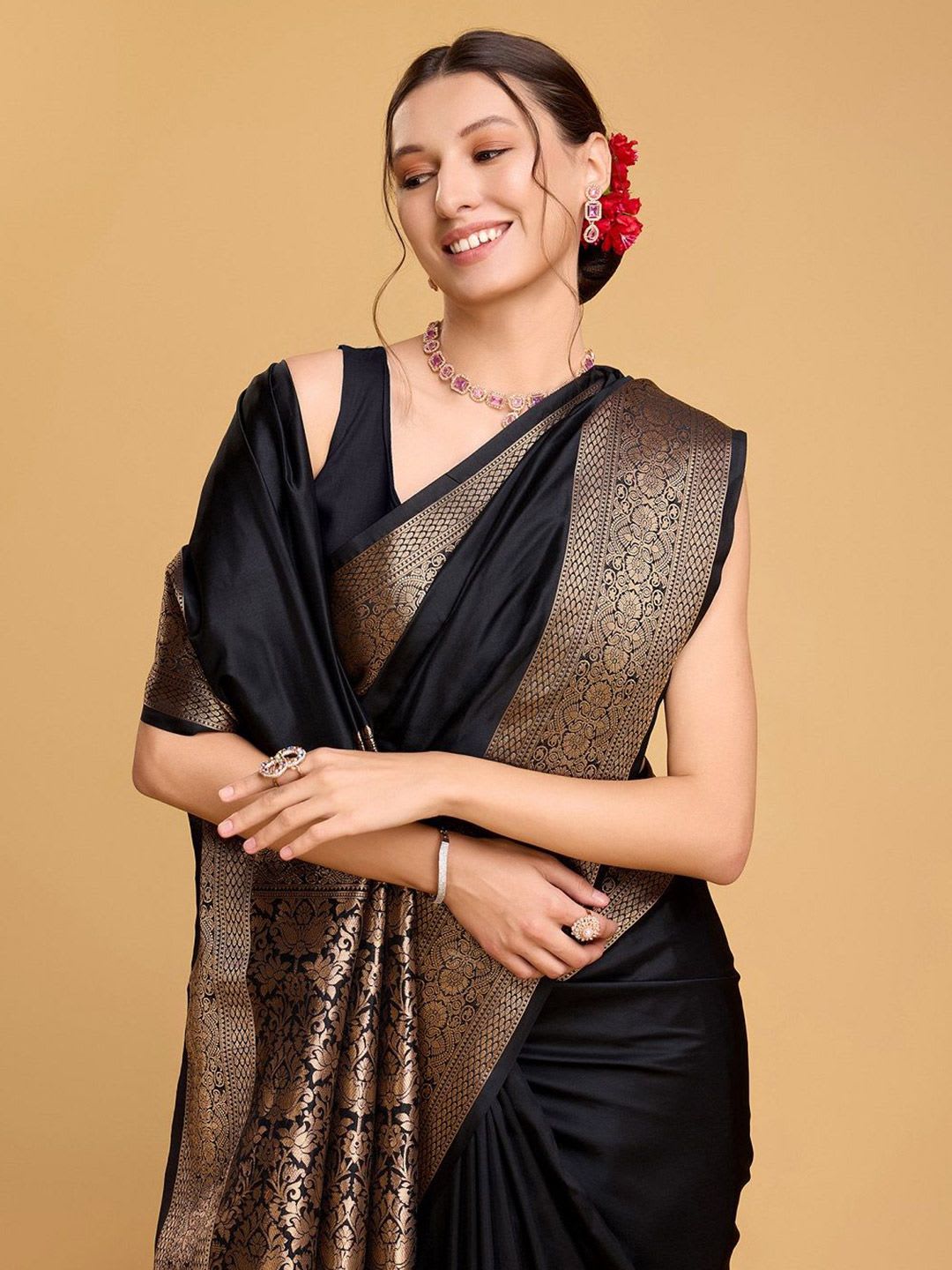 House of Pataudi Solid Woven Design Zari Art Silk Kanjeevaram Saree - left view