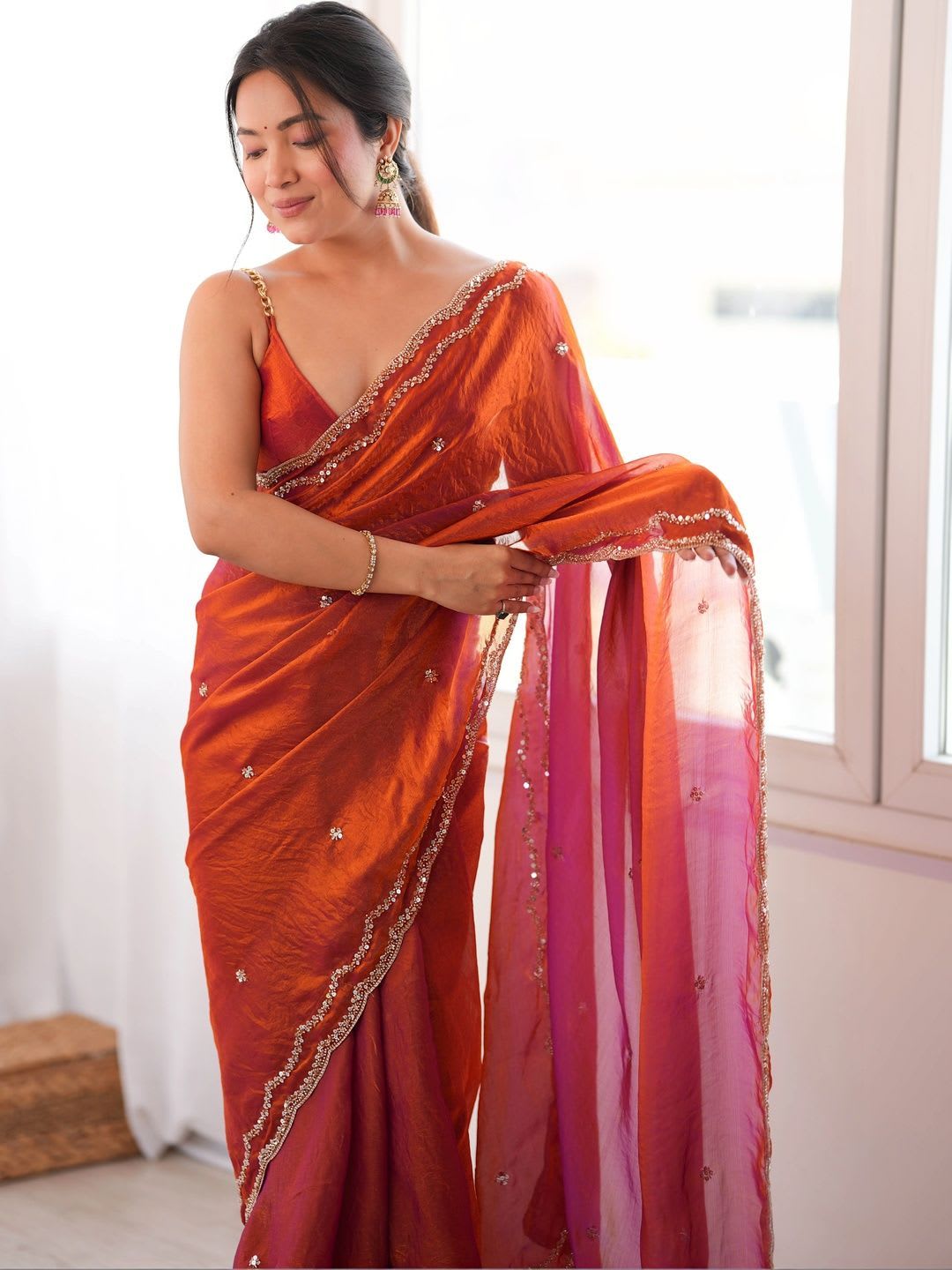 KIMISHA Embellished Beads and Stones Tissue Designer Saree - left view