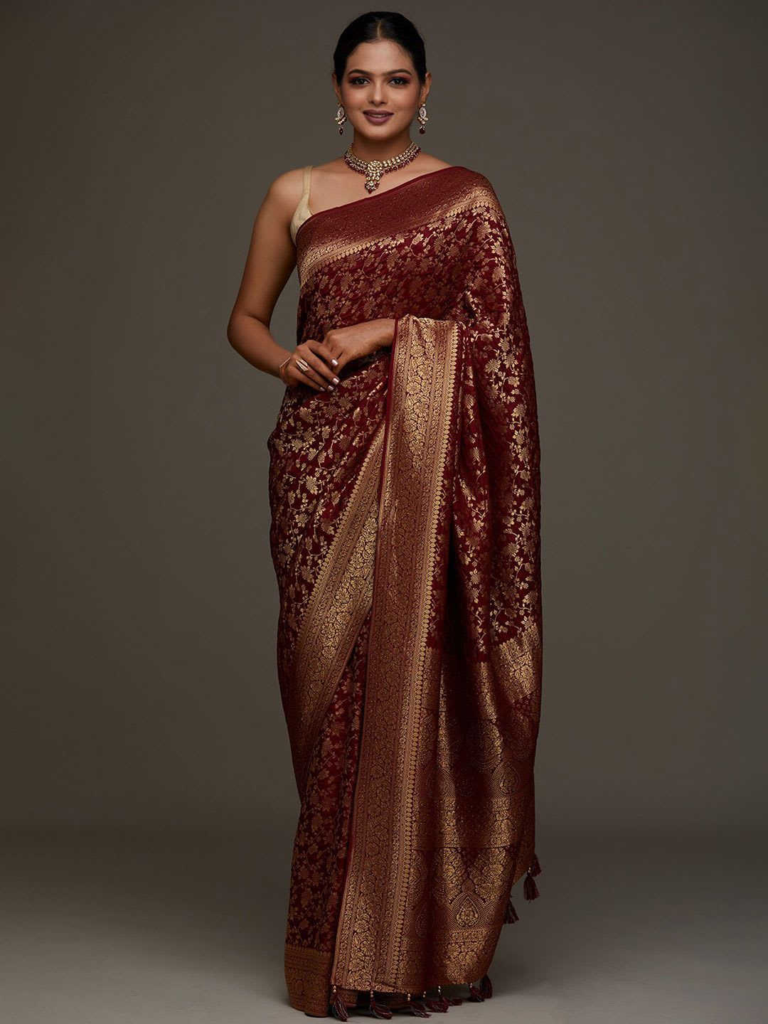 Koskii Women Maroon & Gold-Toned Woven Design Zari Brocade Saree - default view