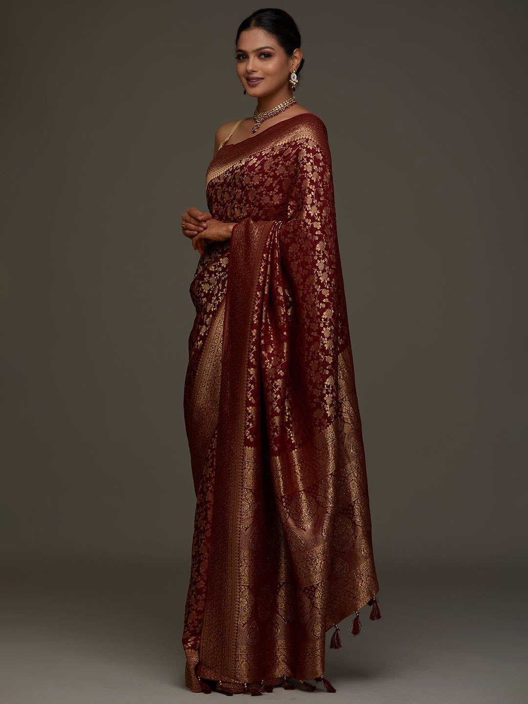 Koskii Women Maroon & Gold-Toned Woven Design Zari Brocade Saree - back view