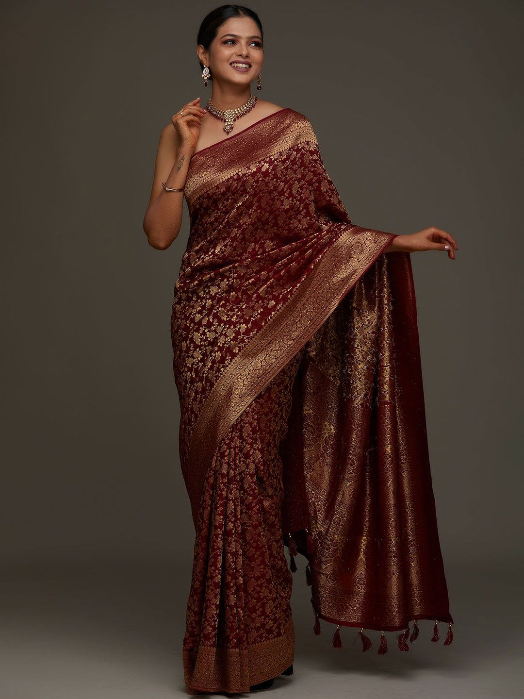 Koskii Women Maroon & Gold-Toned Woven Design Zari Brocade Saree - left view
