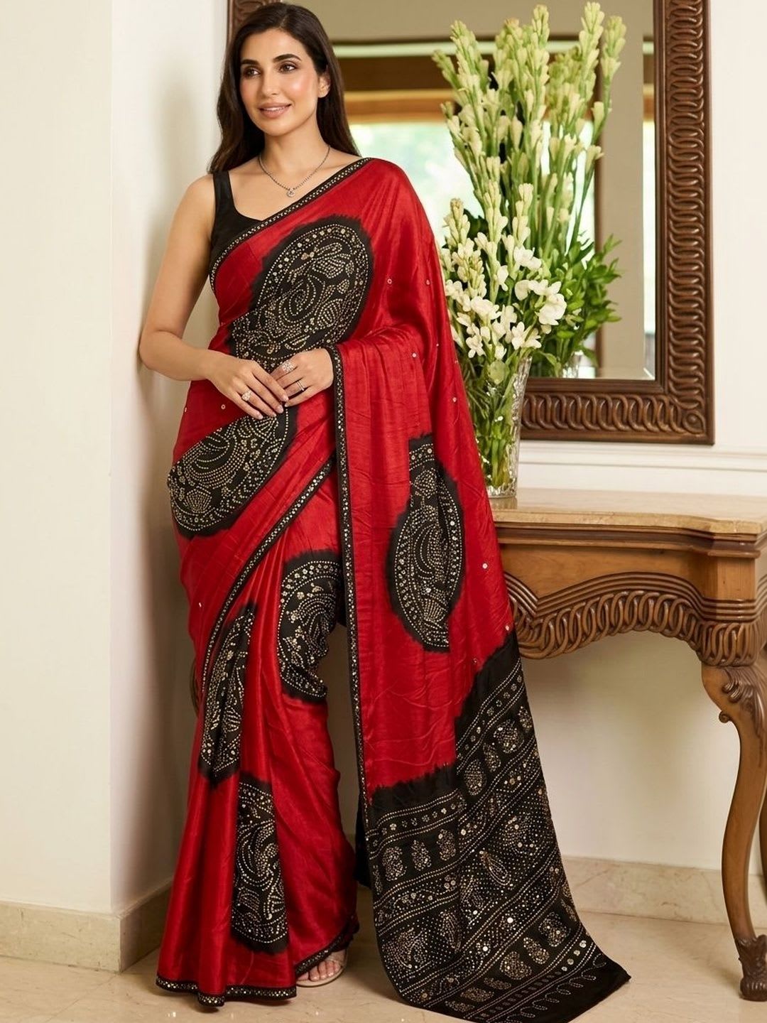 Sangria Ethnic Motifs Sequinned Heavy Work Block Print Saree - default view