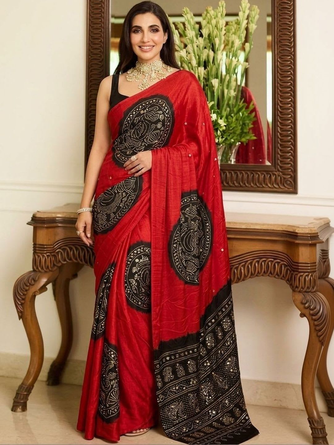 Sangria Ethnic Motifs Sequinned Heavy Work Block Print Saree - back view