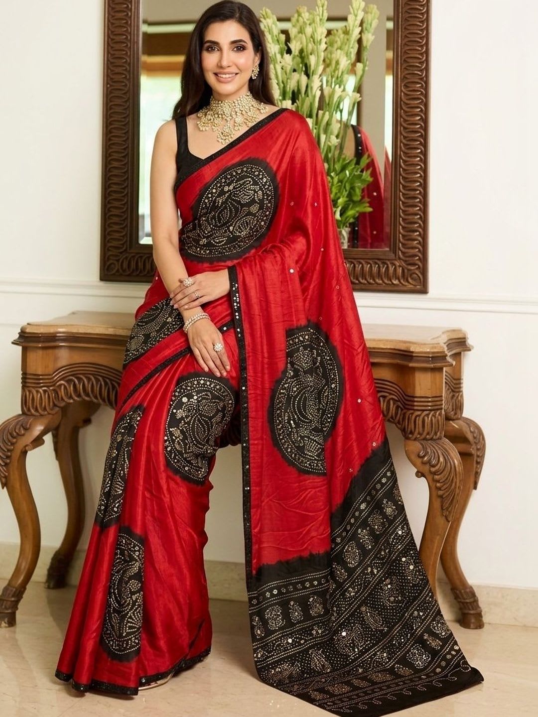 Sangria Ethnic Motifs Sequinned Heavy Work Block Print Saree - left view