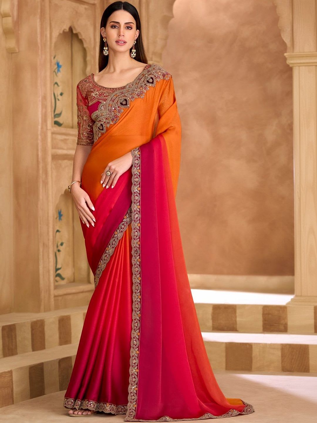 Mitera Embellished Embroidered Satin Heavy Work Saree - default view