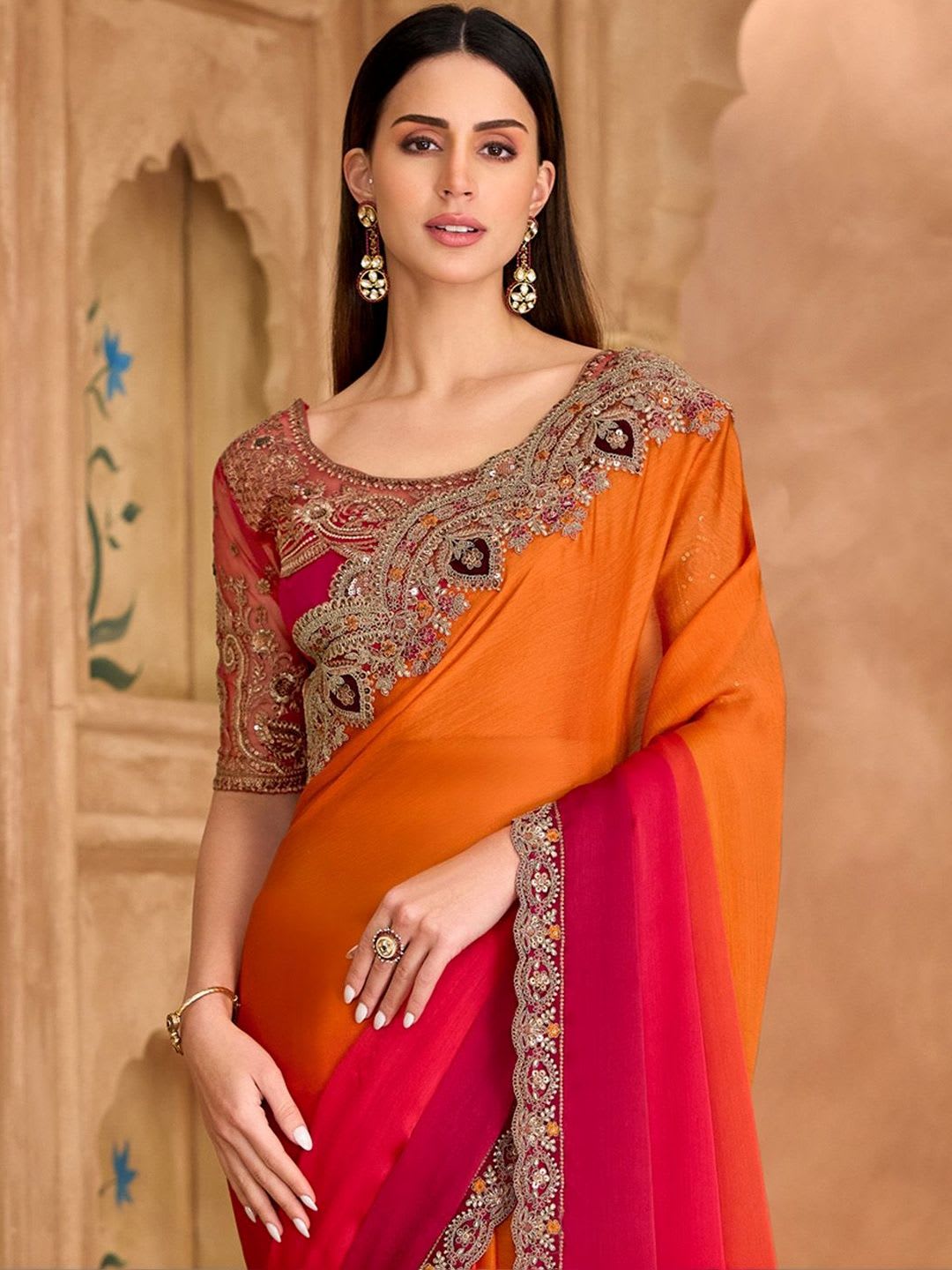 Mitera Embellished Embroidered Satin Heavy Work Saree - back view
