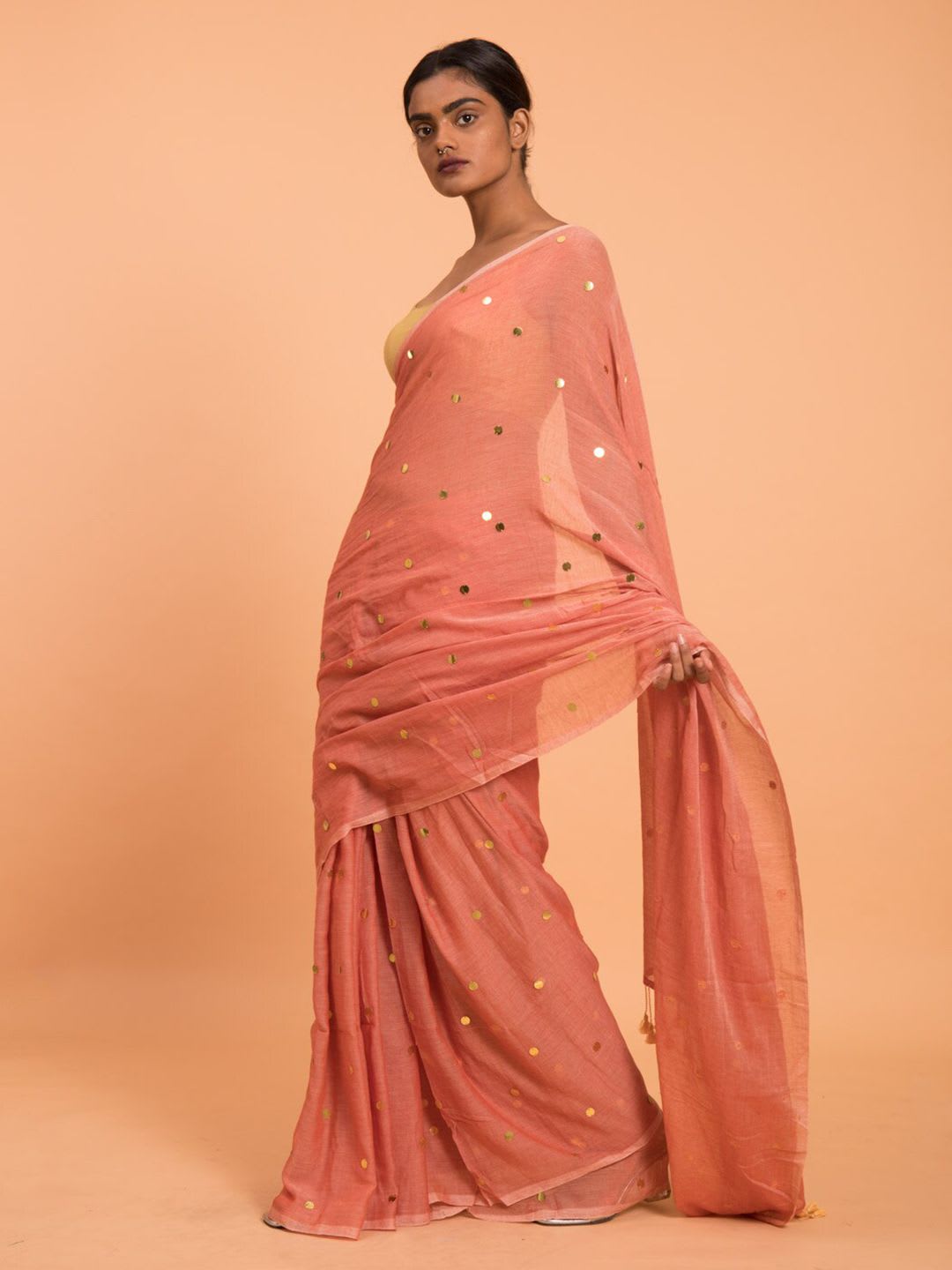 Suta Orange Embellished Sequinned Pure Cotton Saree - back view