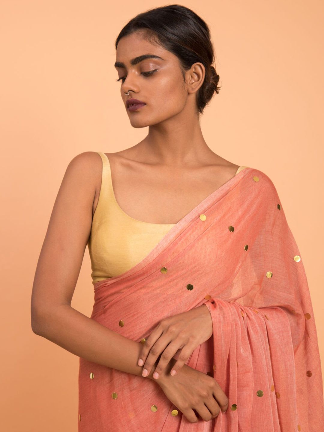 Suta Orange Embellished Sequinned Pure Cotton Saree - left view