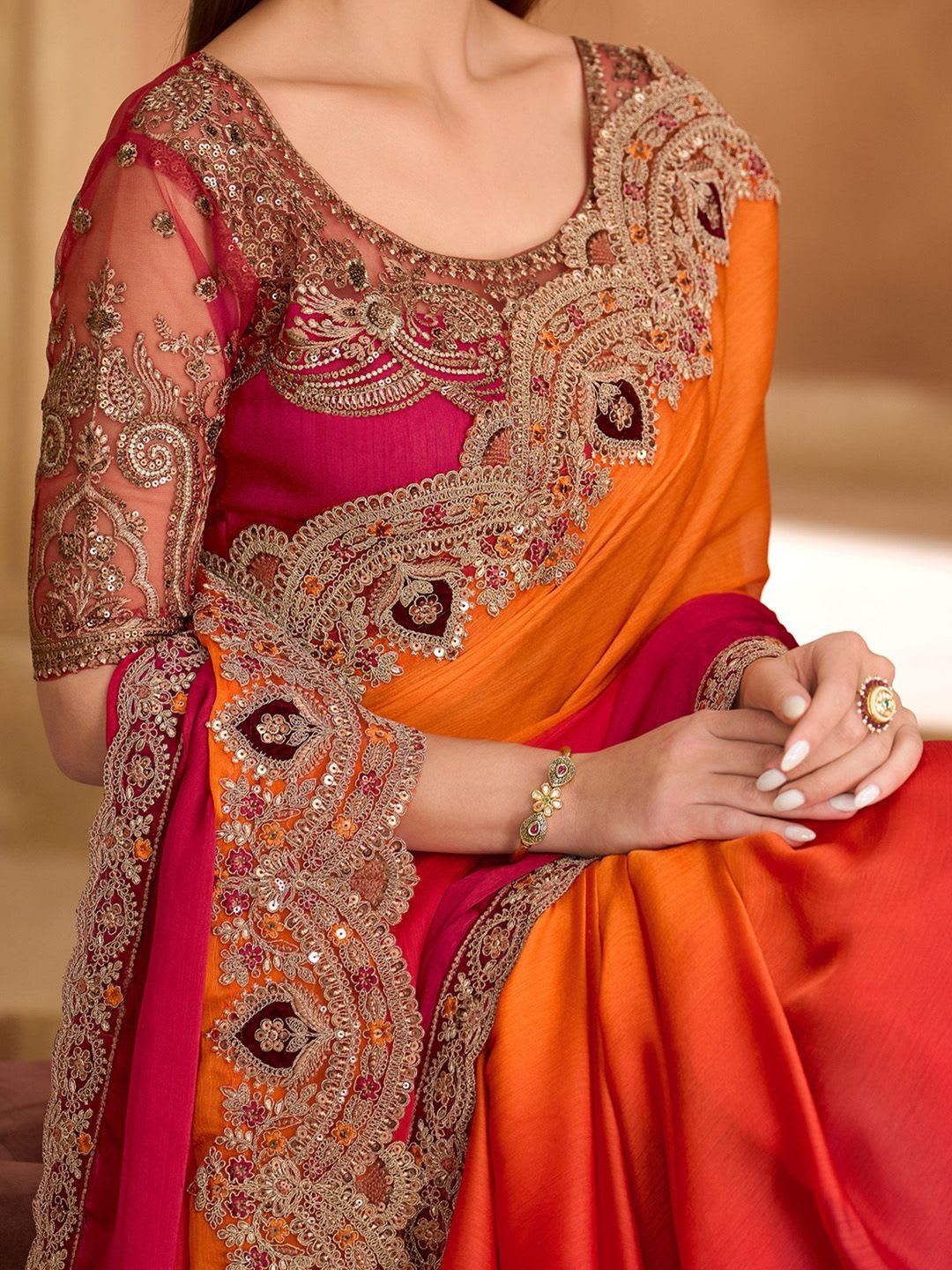 Mitera Embellished Embroidered Satin Heavy Work Saree - right view