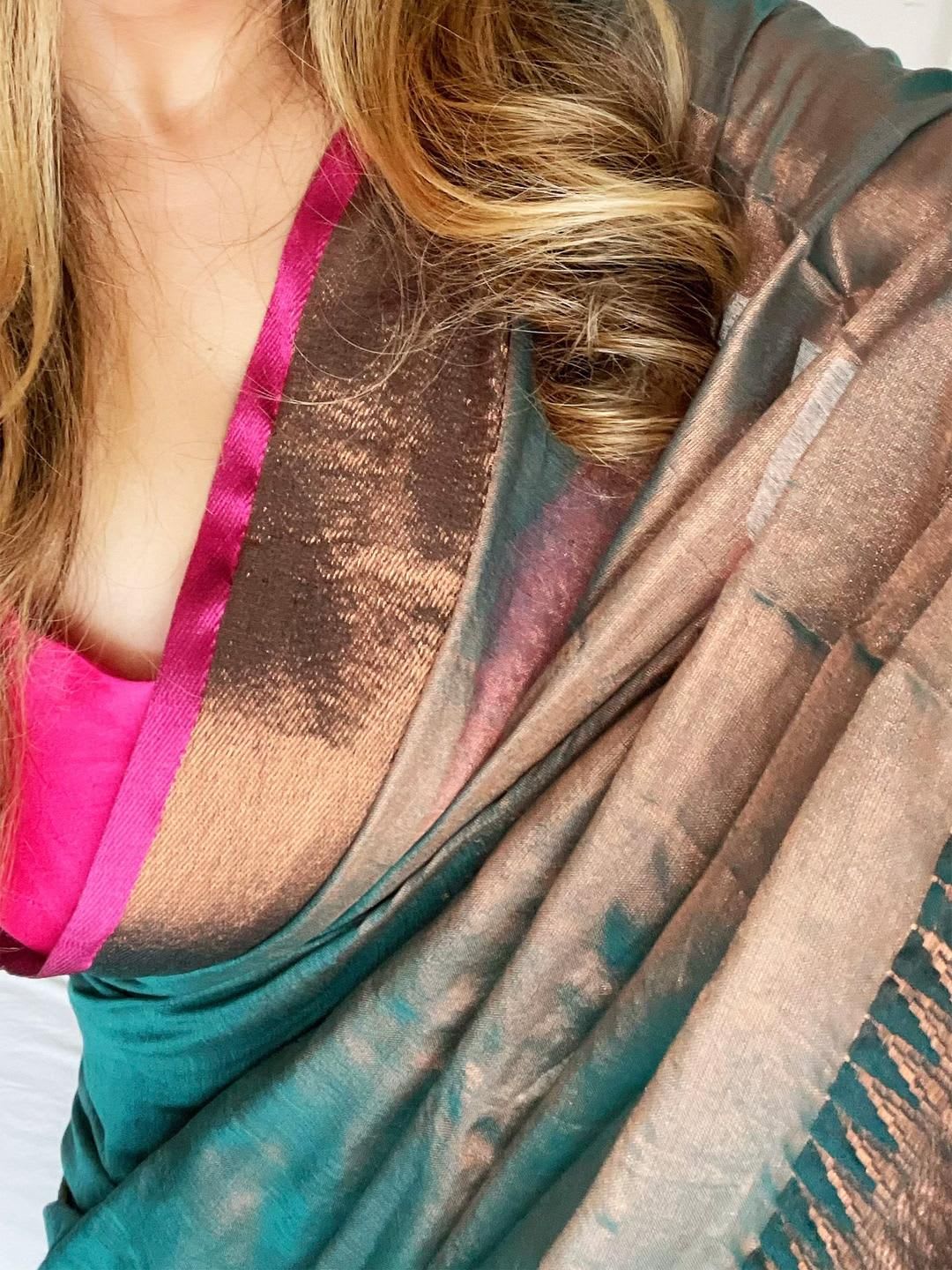Anouk Teal Woven Design Tissue Sarees - left view