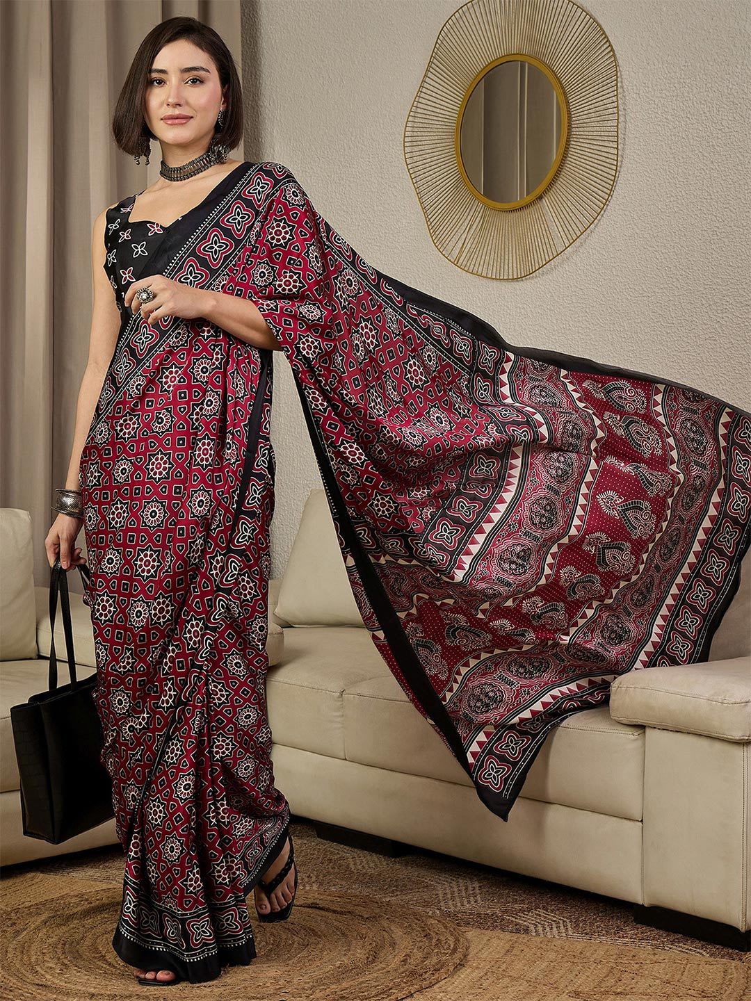 Anouk Rustic Ethnic Motifs Ajrak Pure Crepe Ready to Wear Block Print Saree - default view
