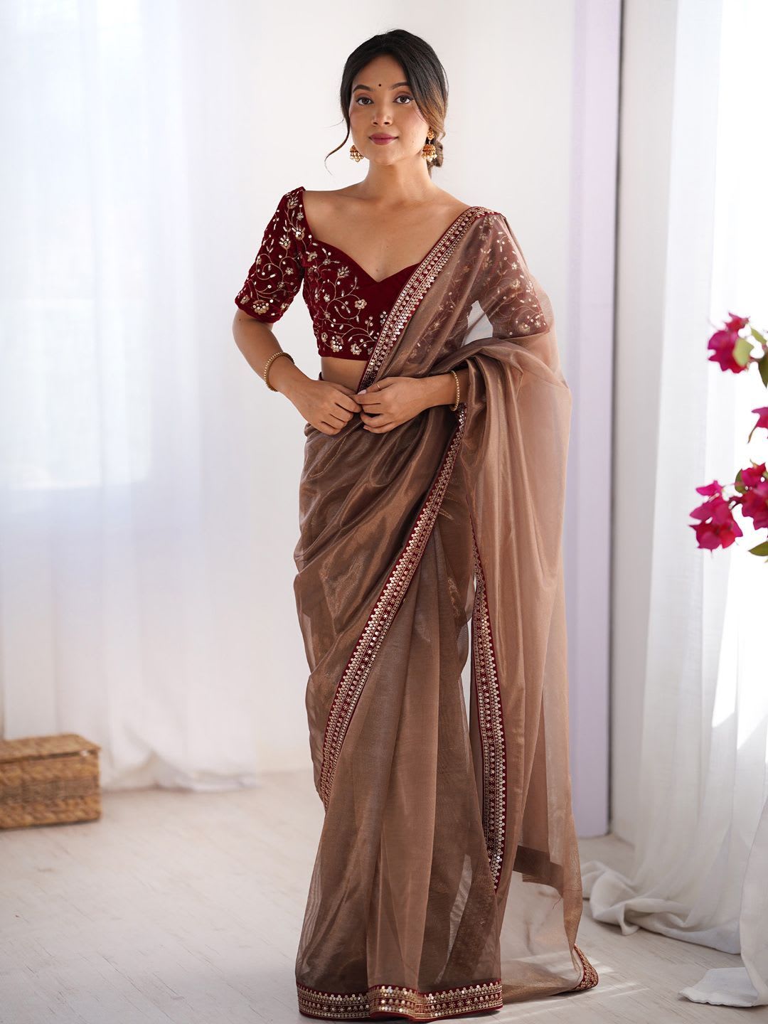 Saree mall Brown Embellished Net Saree with Embroidered Border - default view