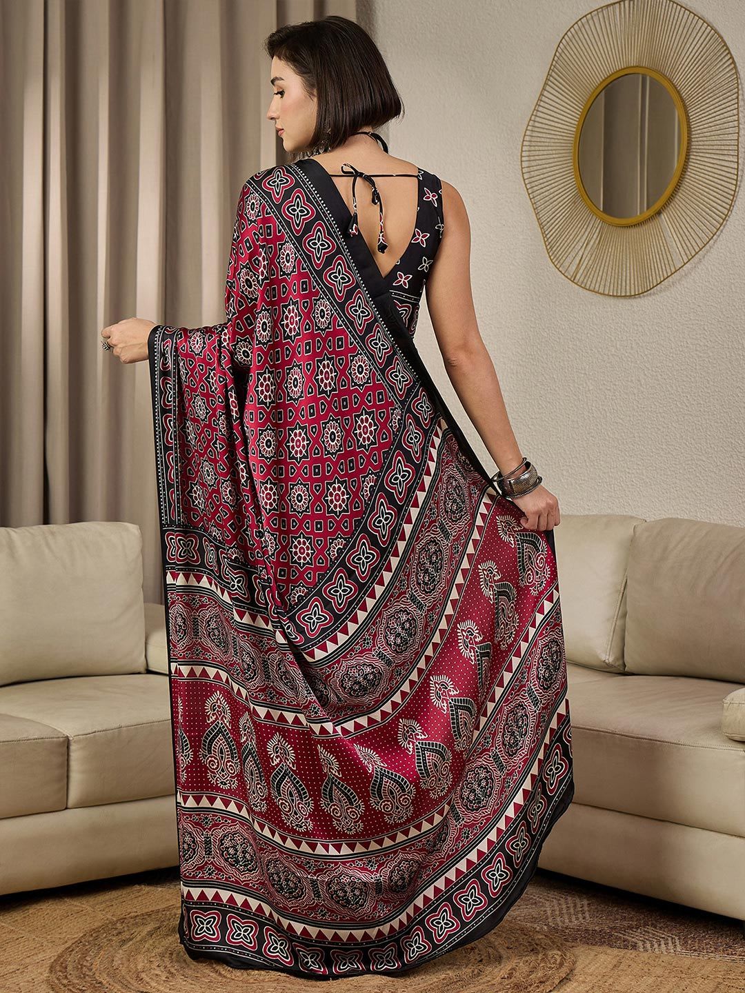 Anouk Rustic Ethnic Motifs Ajrak Pure Crepe Ready to Wear Block Print Saree - back view