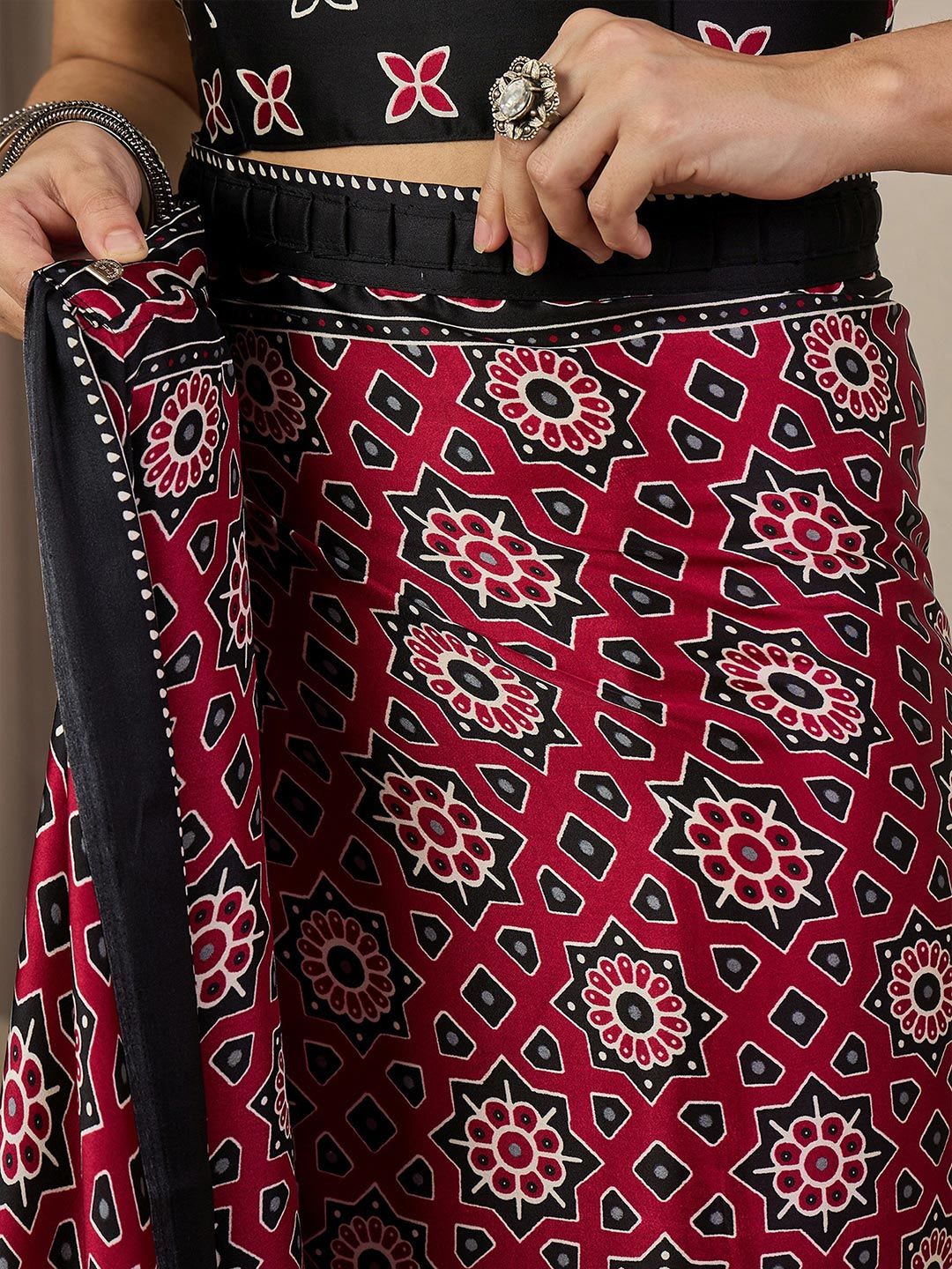 Anouk Rustic Ethnic Motifs Ajrak Pure Crepe Ready to Wear Block Print Saree - left view