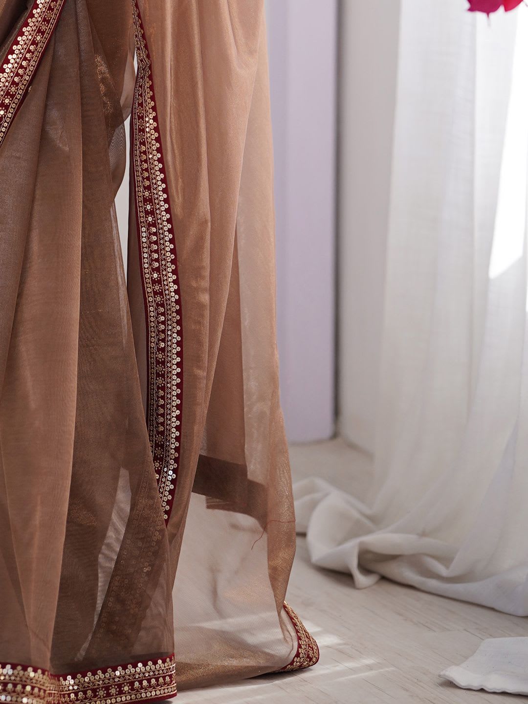 Saree mall Brown Embellished Net Saree with Embroidered Border - left view