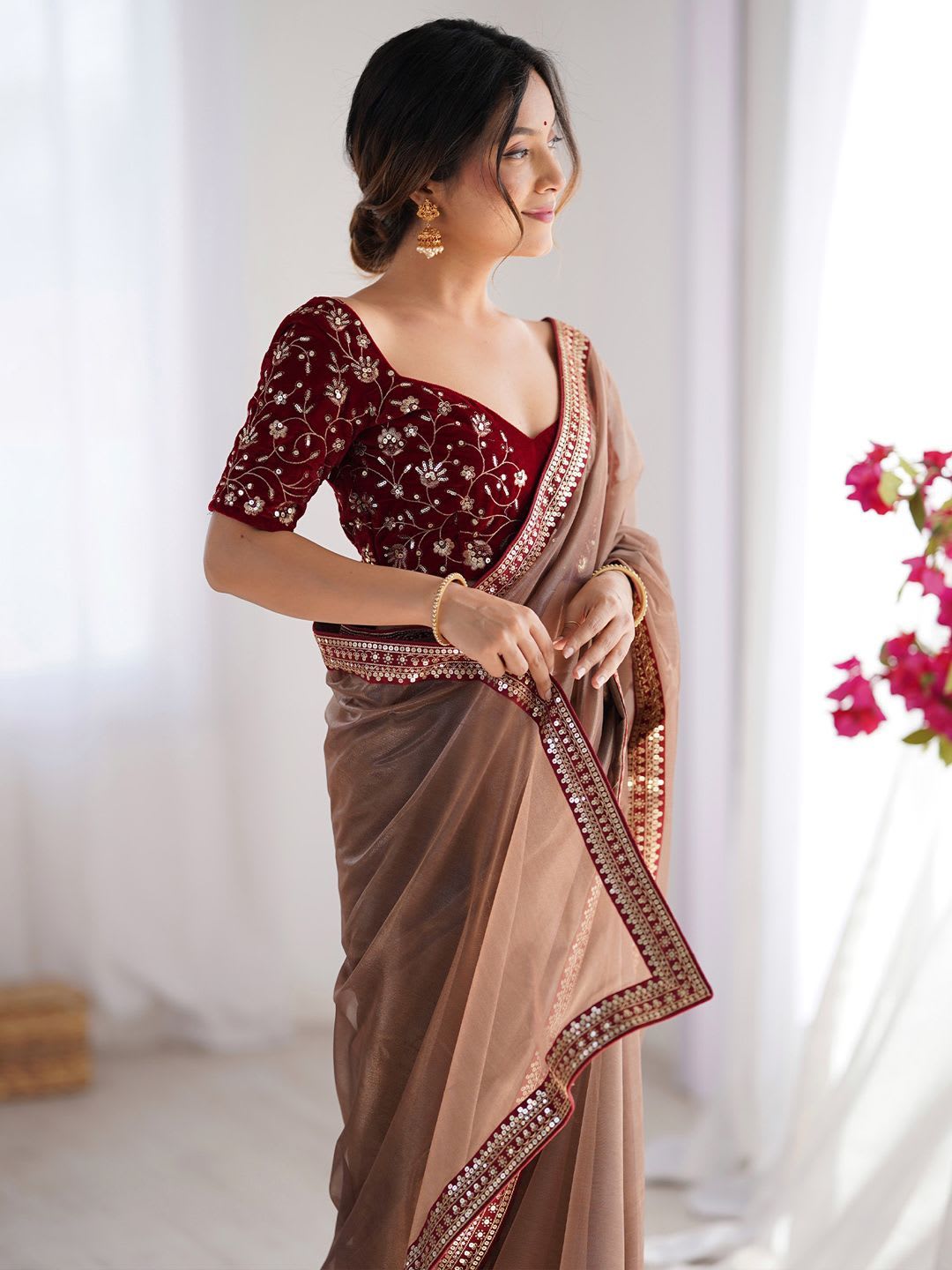 Saree mall Brown Embellished Net Saree with Embroidered Border - right view