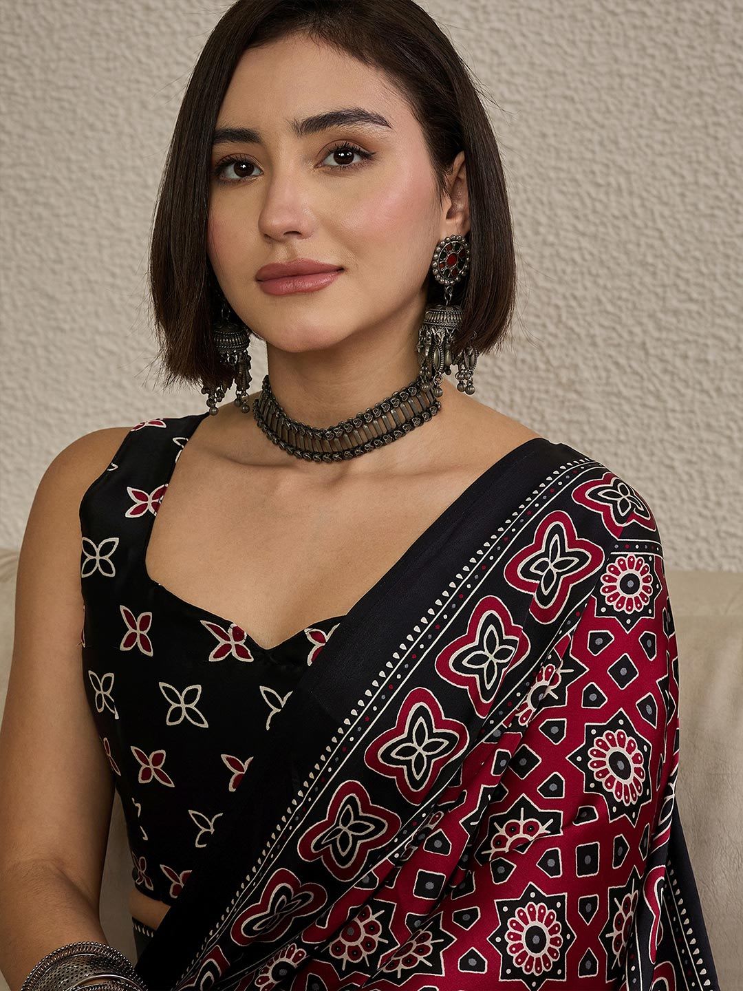 Anouk Rustic Ethnic Motifs Ajrak Pure Crepe Ready to Wear Block Print Saree - right view
