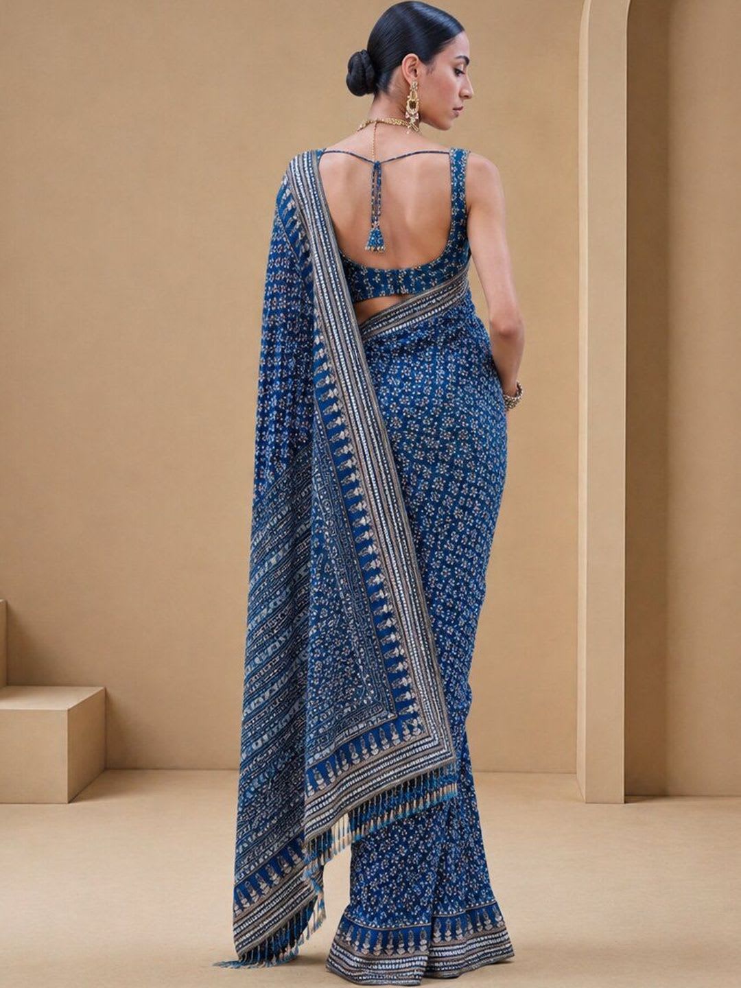 KALINI Ethnic Motifs Mirror Work Poly Georgette Heavy Work Saree - back view