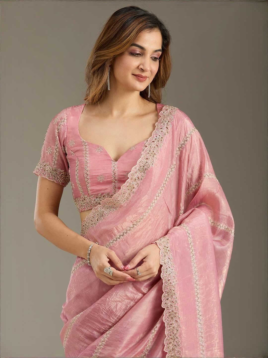 Koskii Women Cutwork Pink Tissue Saree With Unstitched Blouse - default view