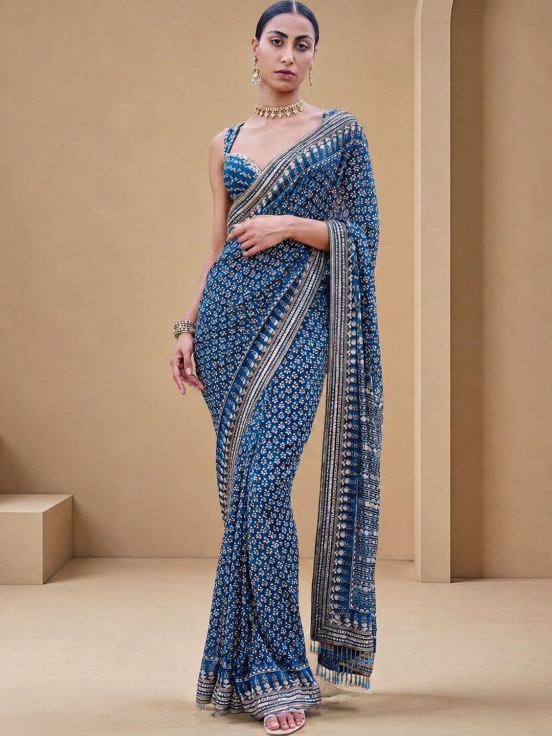 KALINI Ethnic Motifs Mirror Work Poly Georgette Heavy Work Saree - default view