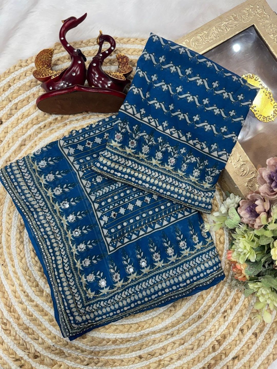 KALINI Ethnic Motifs Mirror Work Poly Georgette Heavy Work Saree - left view