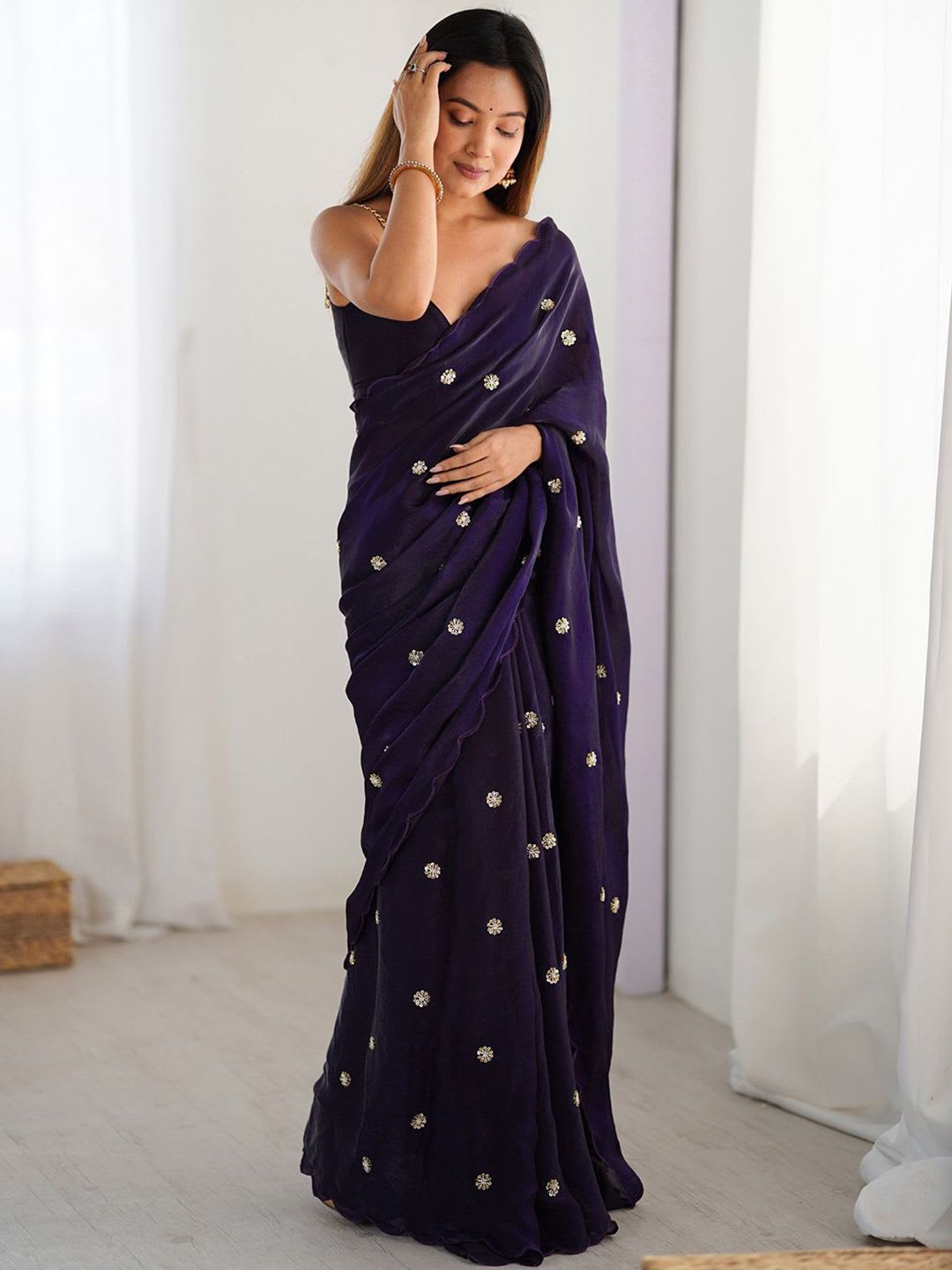 Anouk Embellished Beads and Stones Saree with Scallop Border - back view