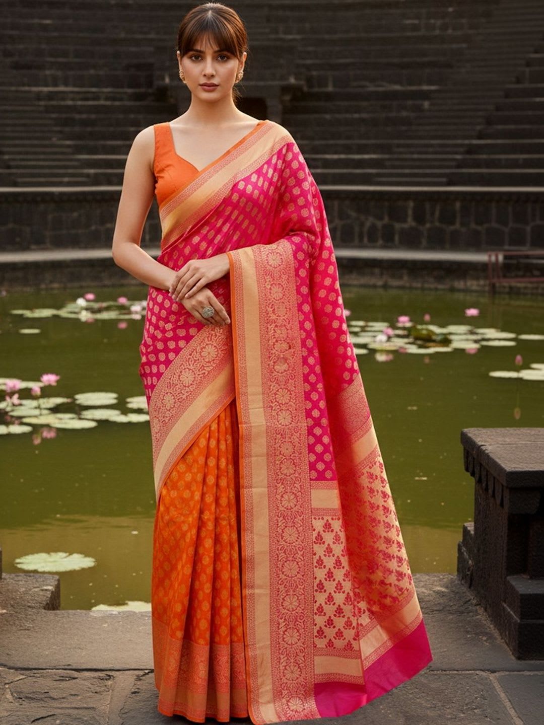 FABLAND Woven Design Zari Silk Blend Banarasi Saree - back view