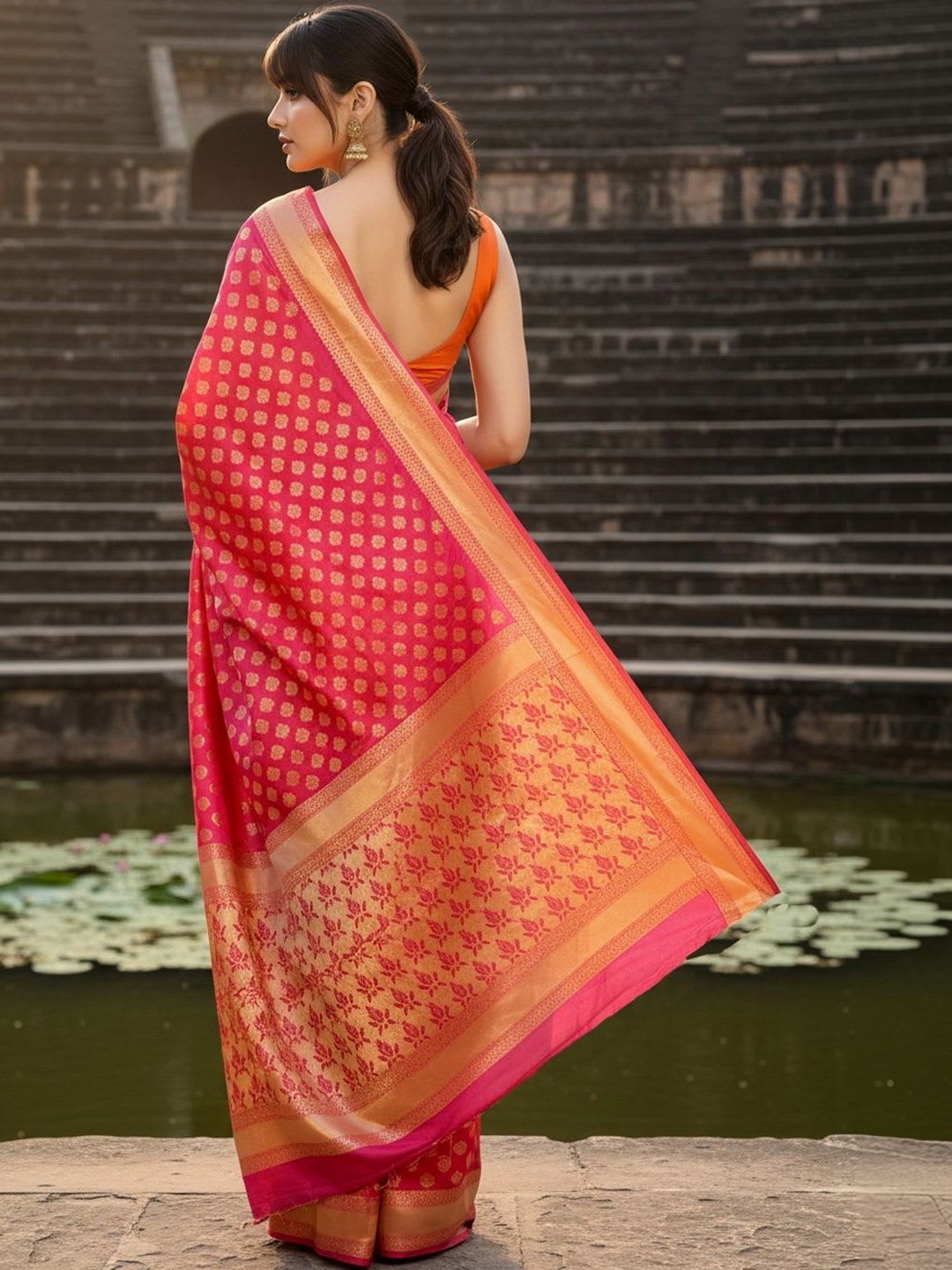FABLAND Woven Design Zari Silk Blend Banarasi Saree - left view