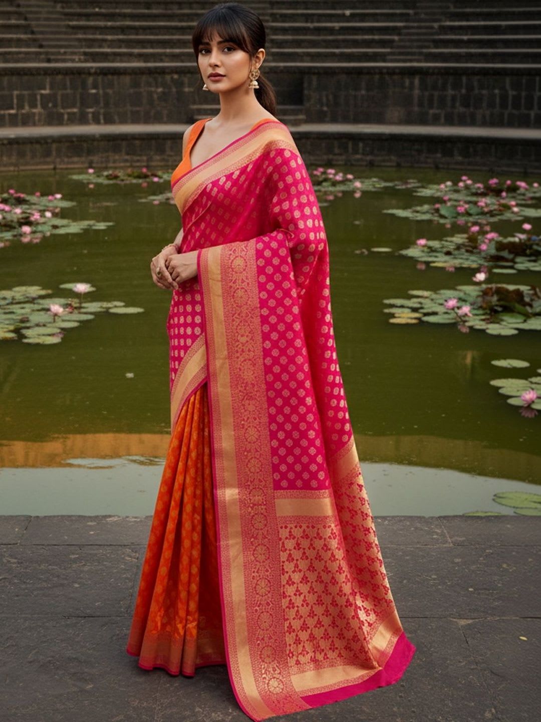 FABLAND Woven Design Zari Silk Blend Banarasi Saree - right view