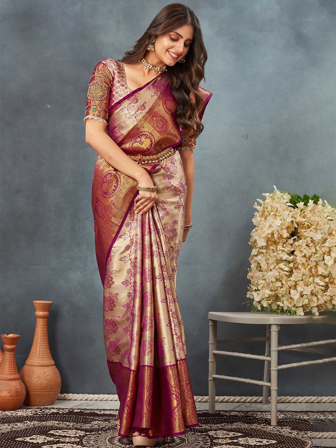 Tankori Woven Design Zari  Dharmavaram Saree - left view