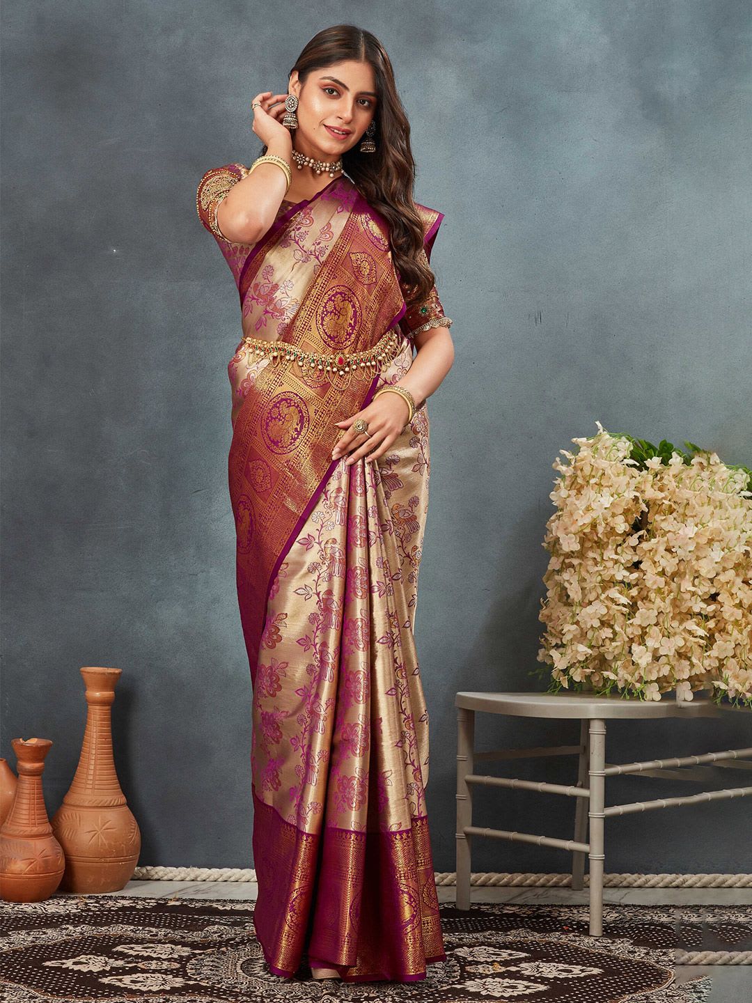 Tankori Woven Design Zari  Dharmavaram Saree - right view