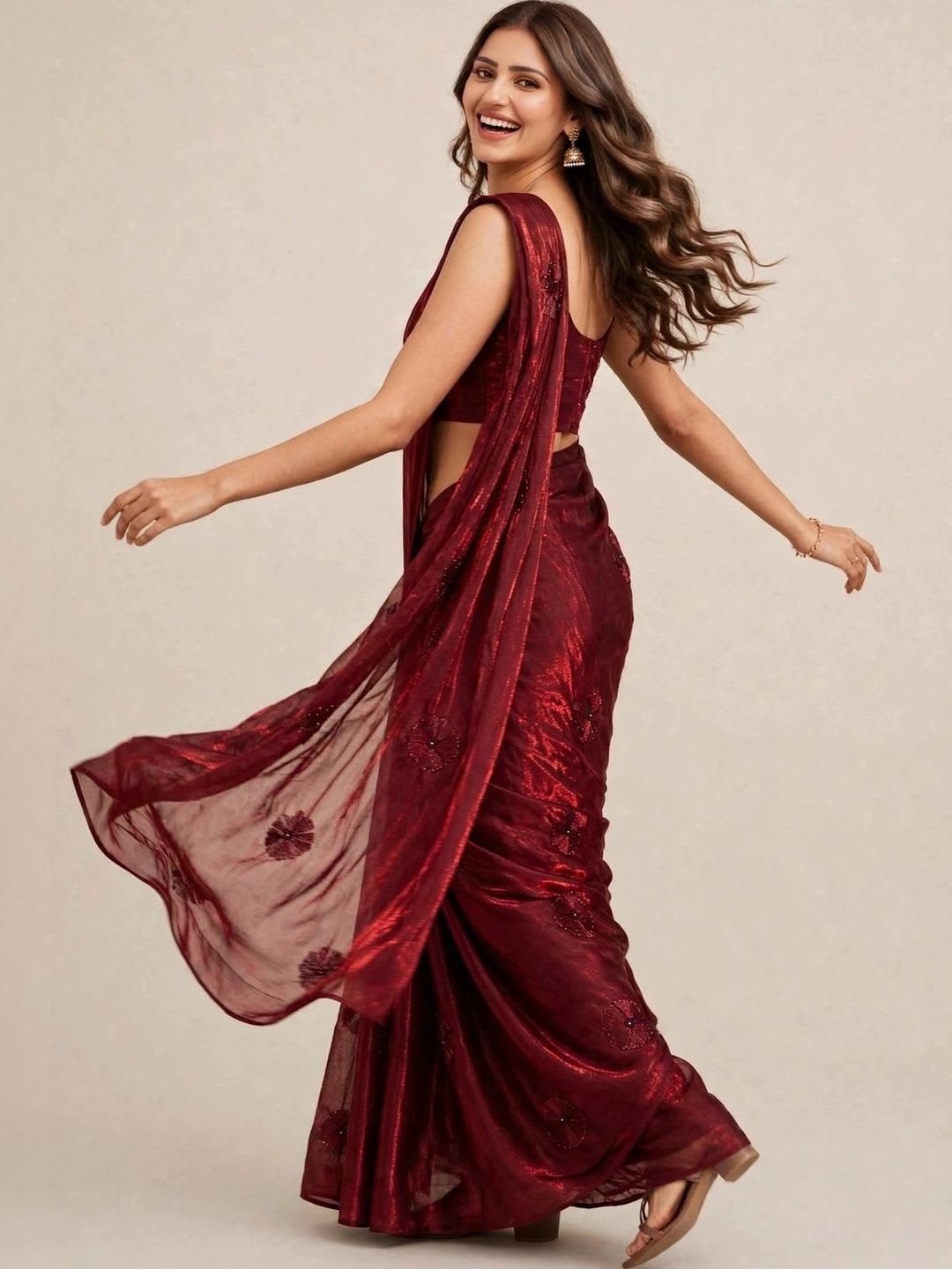 Tankori Ethnic Motifs Embroidered Satin Saree - back view