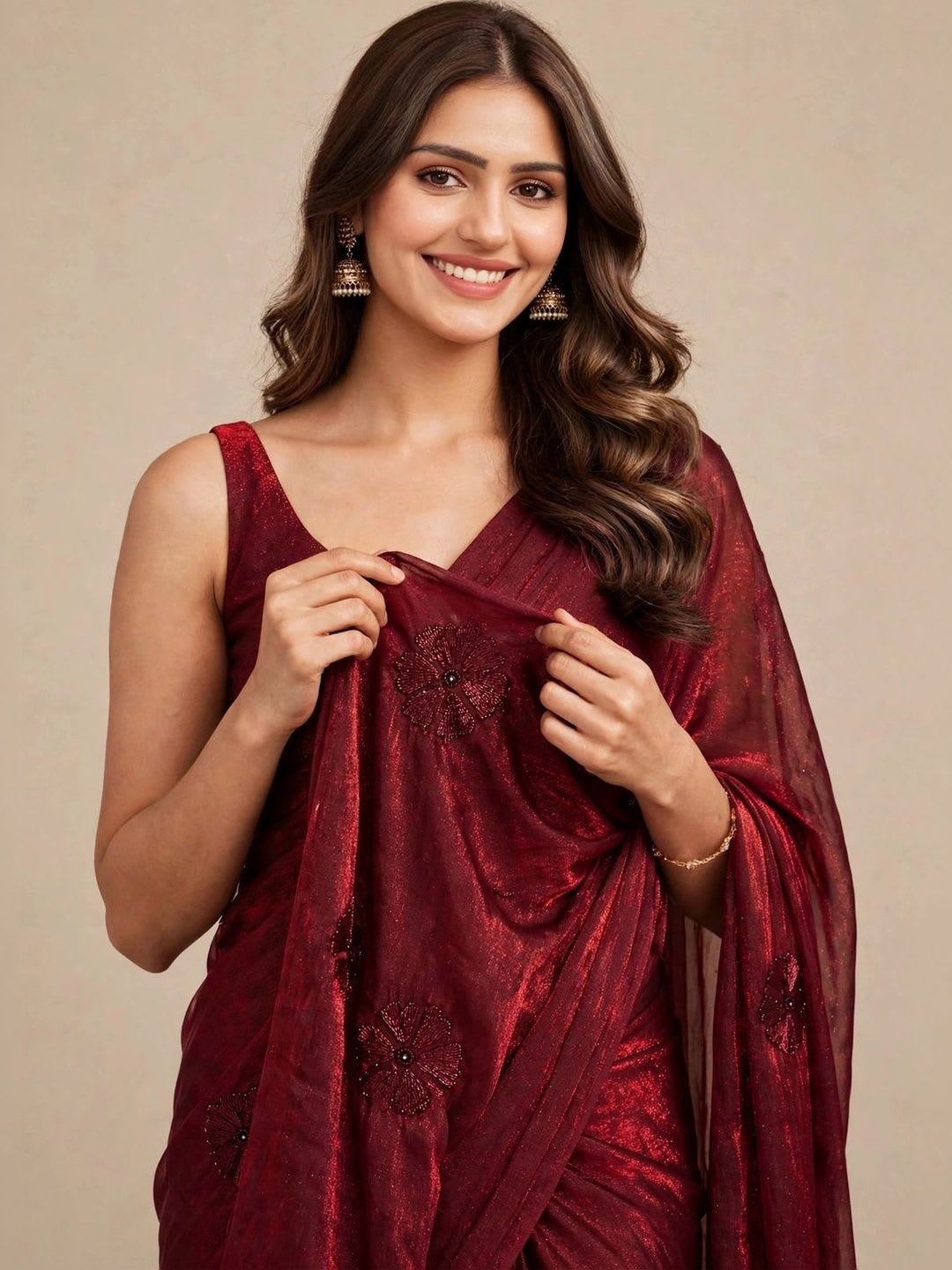 Tankori Ethnic Motifs Embroidered Satin Saree - right view