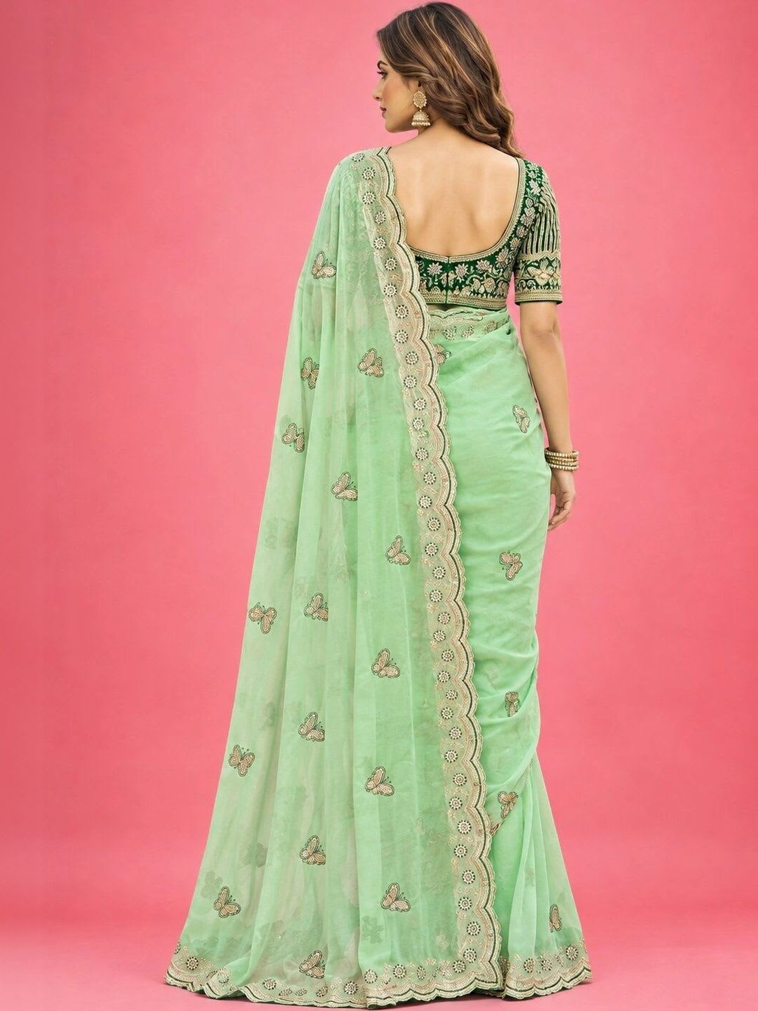 KALINI Woven Design Embroidered Satin Fusion Saree - back view