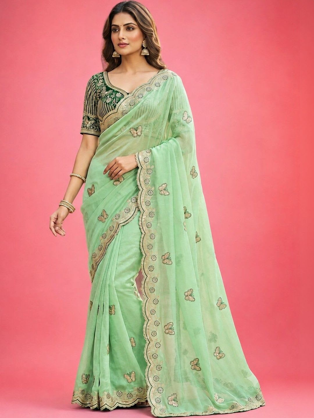 KALINI Woven Design Embroidered Satin Fusion Saree - default view
