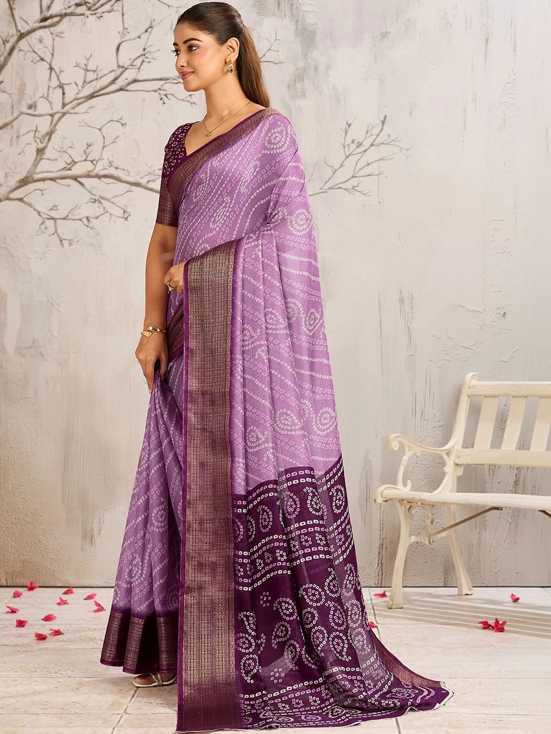 DWIJA FASHION Bandhani Poly Chiffon Fusion Saree - back view