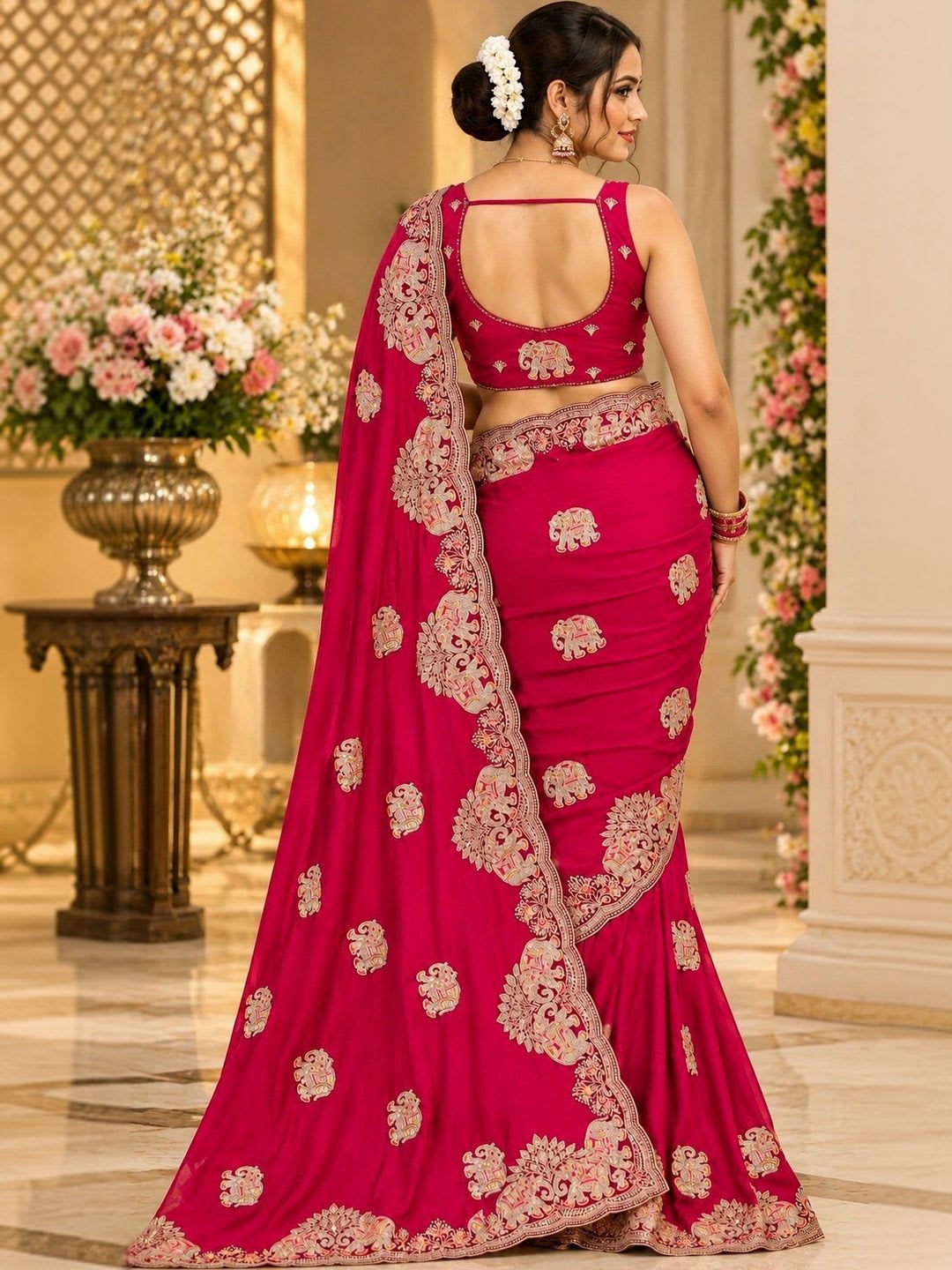 Social geek Ethnic Motifs Embroidered Silk Blend Heavy Work Saree - back view