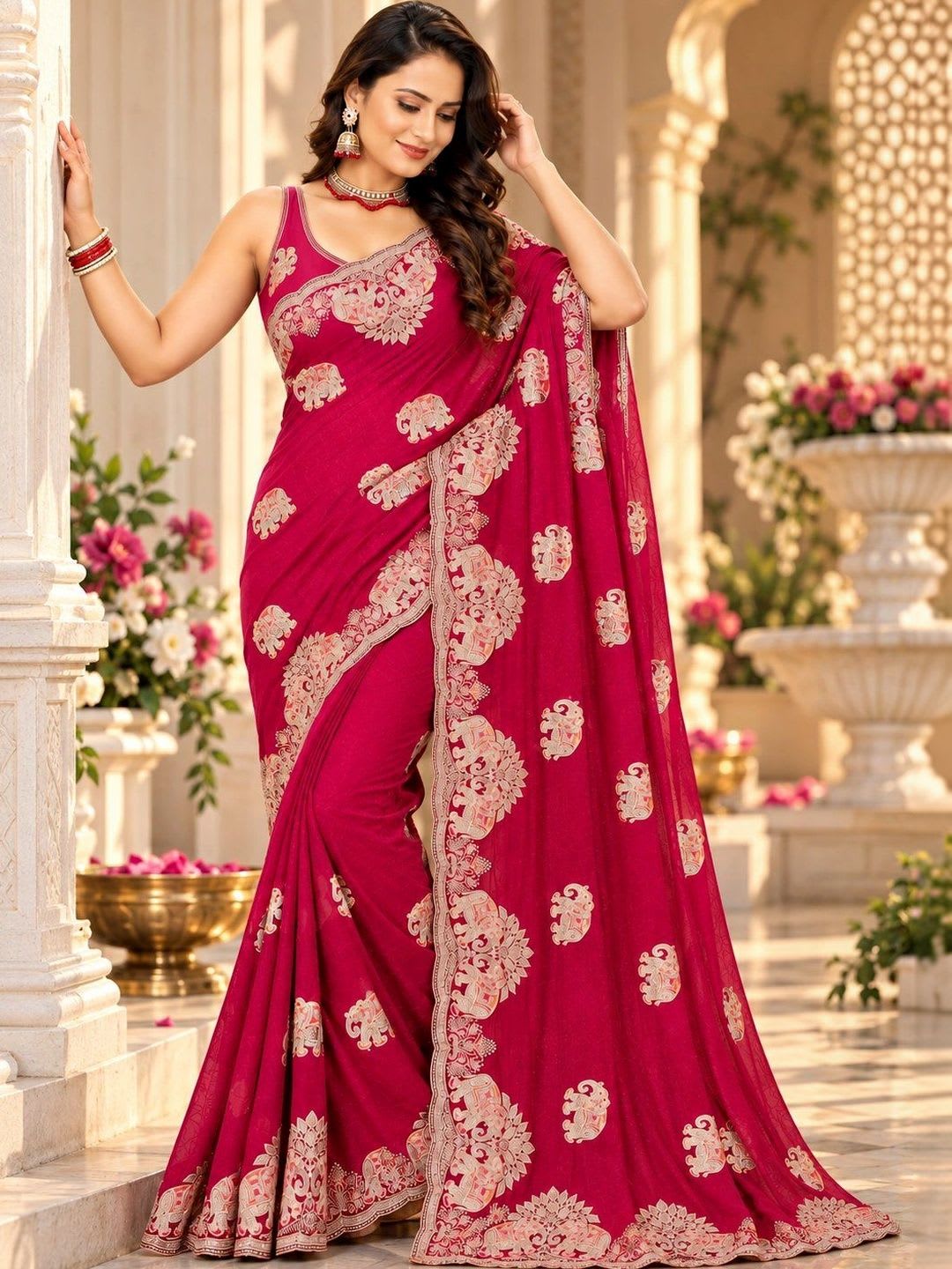 Social geek Ethnic Motifs Embroidered Silk Blend Heavy Work Saree - default view