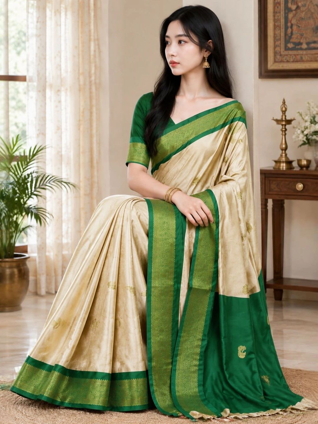 Sangria Zari Pure Cotton Kanjeevaram Saree - back view