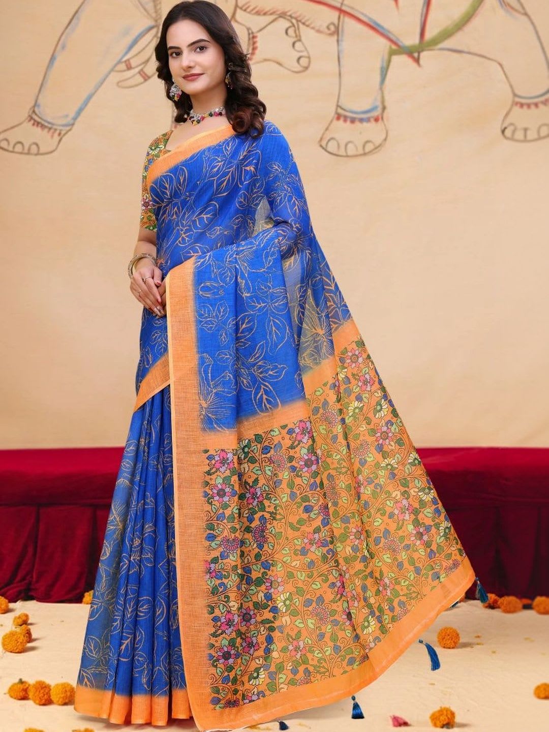 Rudraksh Fashion Floral Linen Blend Saree - back view