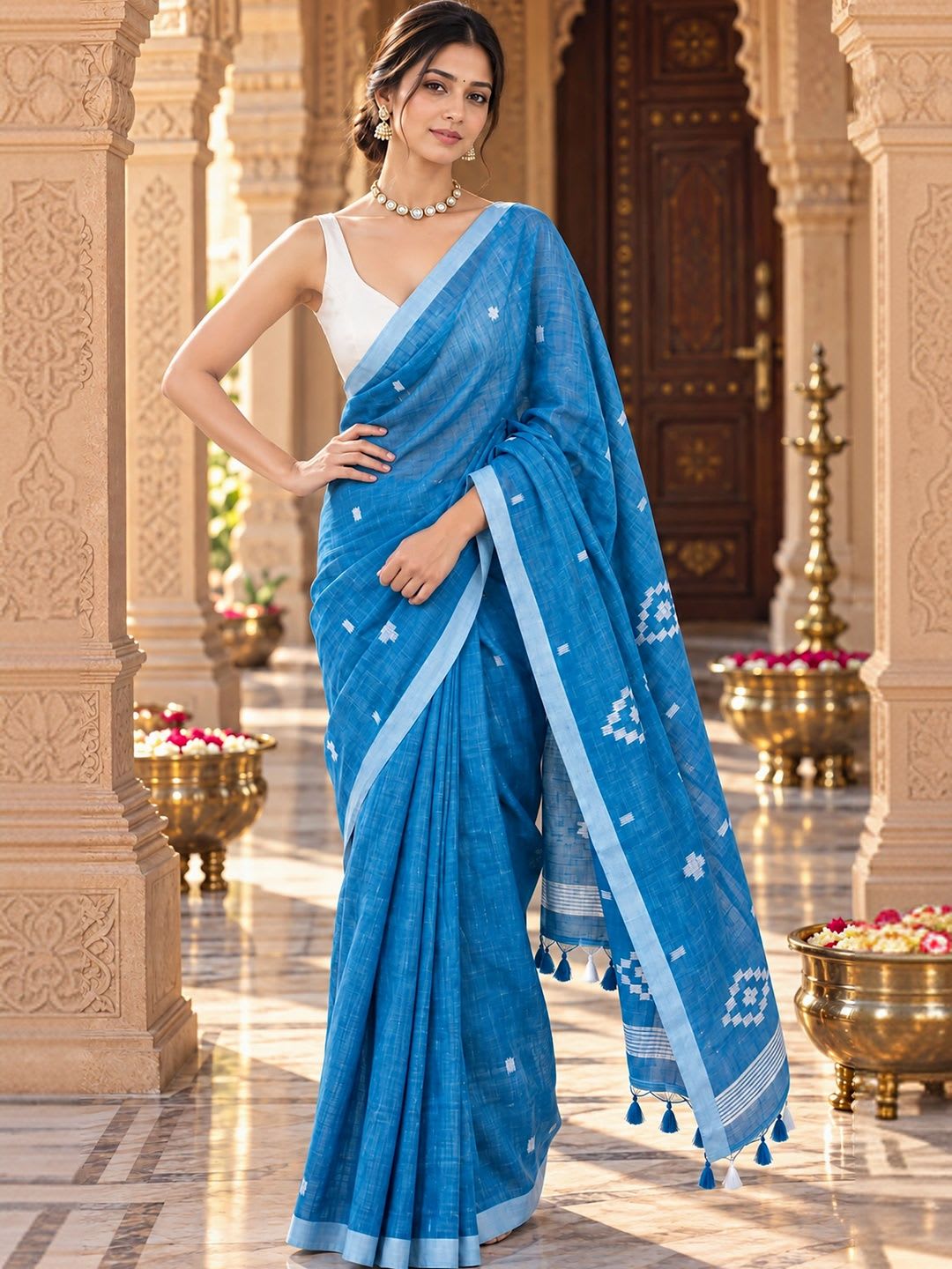 BerMondsey Woven Design Linen Blend Designer Block Print Saree - default view