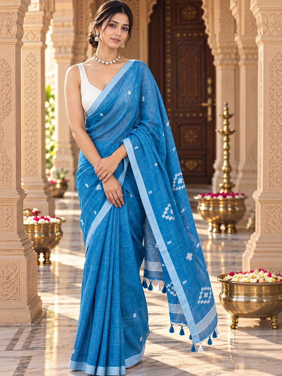BerMondsey Woven Design Linen Blend Designer Block Print Saree - right view
