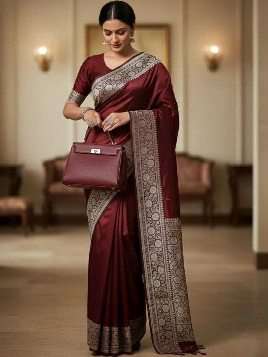IPI FASHION Zari Satin Banarasi Saree - back view