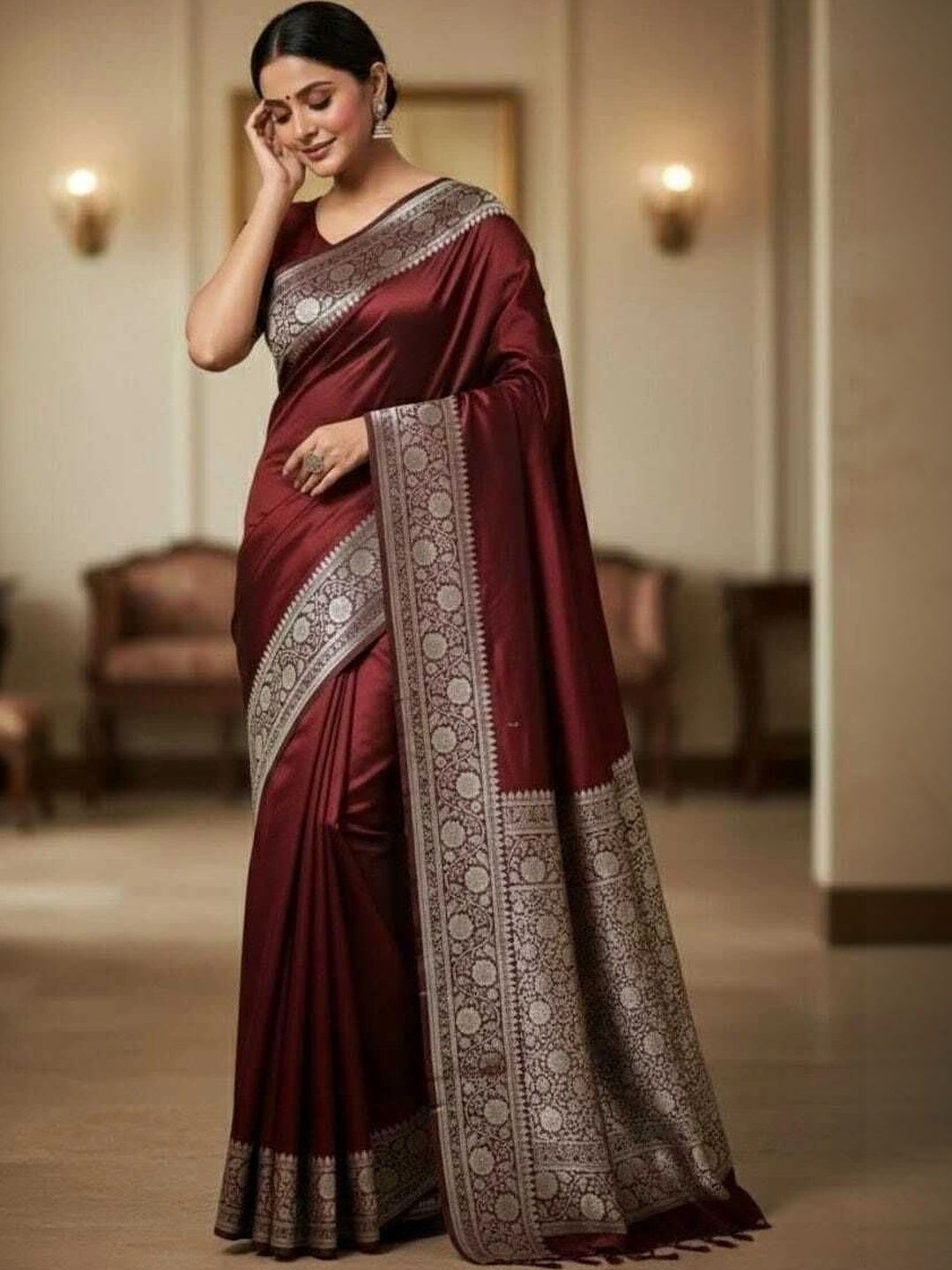 IPI FASHION Zari Satin Banarasi Saree - right view