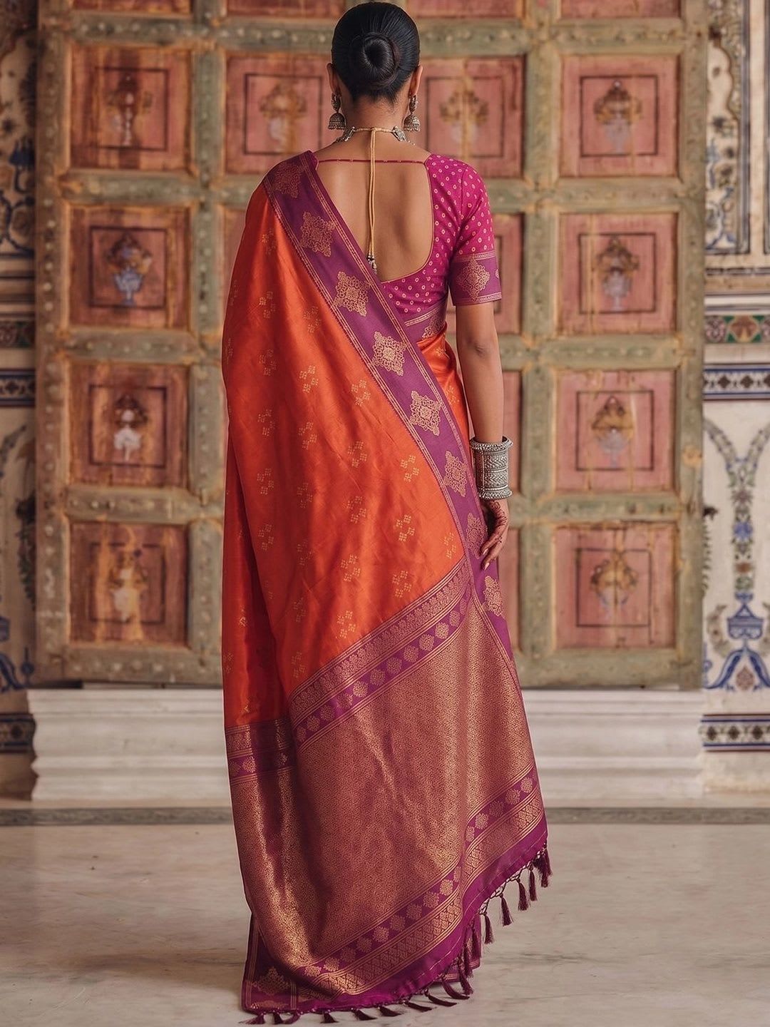 KALINI Zari Silk Blend Designer Banarasi Saree - back view