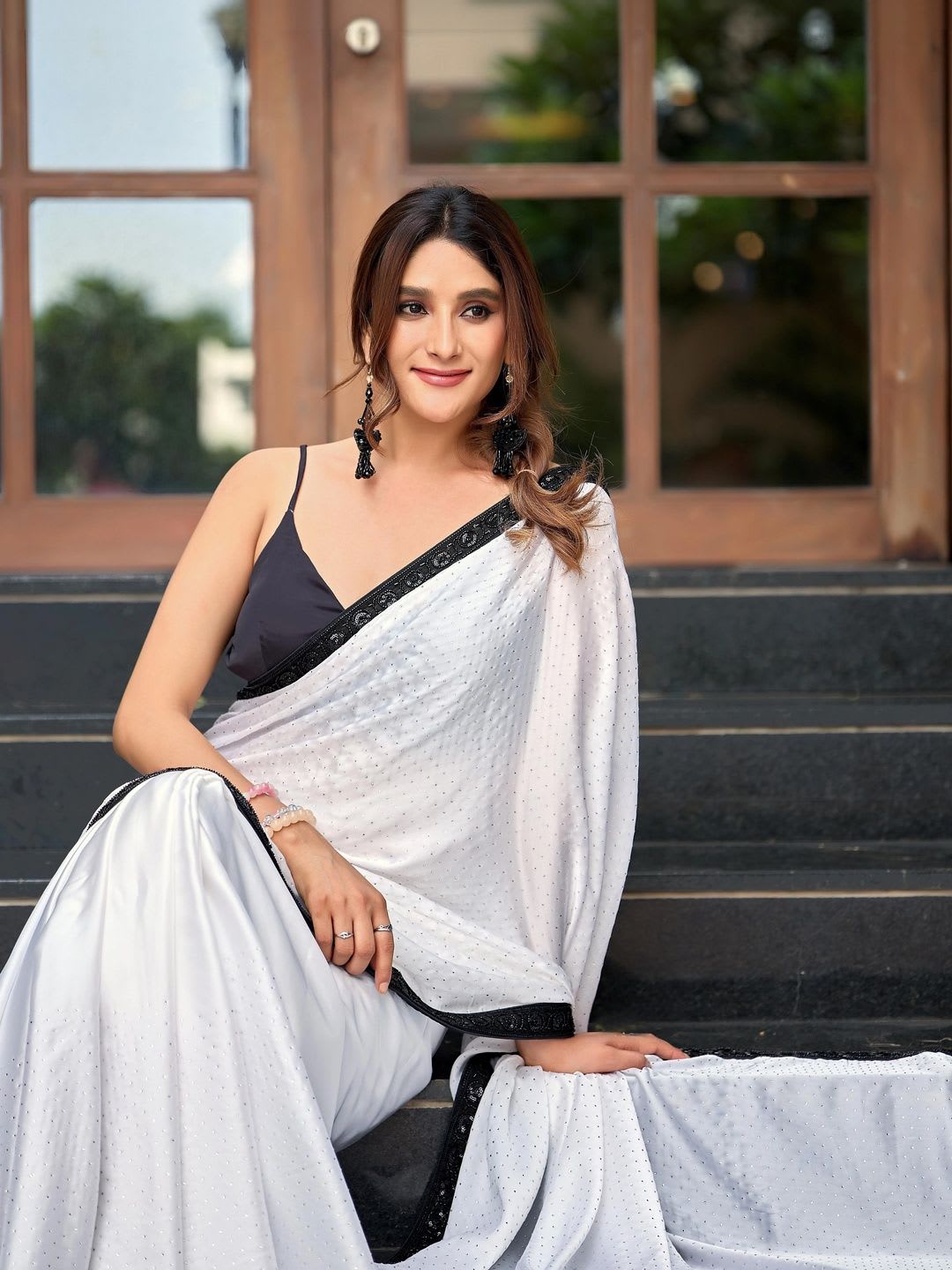 KALINI Embellished Beads and Stones Silk Blend Saree - left view