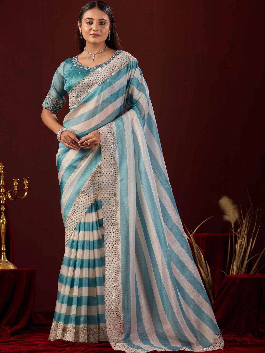 WEAROMA COUTURE Striped Beads and Stones Tissue Saree - default view